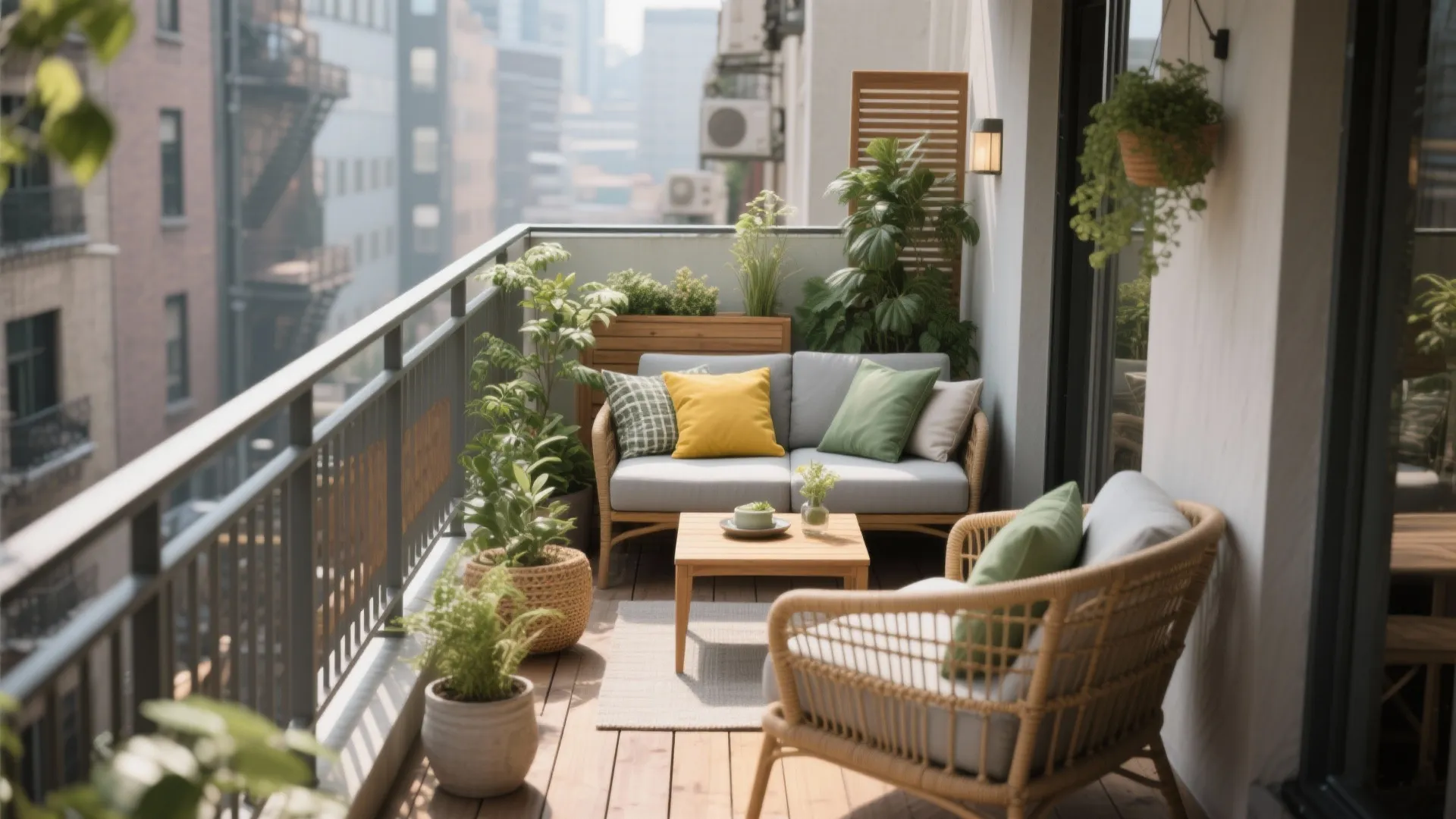 Small apartment balcony with wicker sofa chairs coffee table colorful pillows and many potted green plants