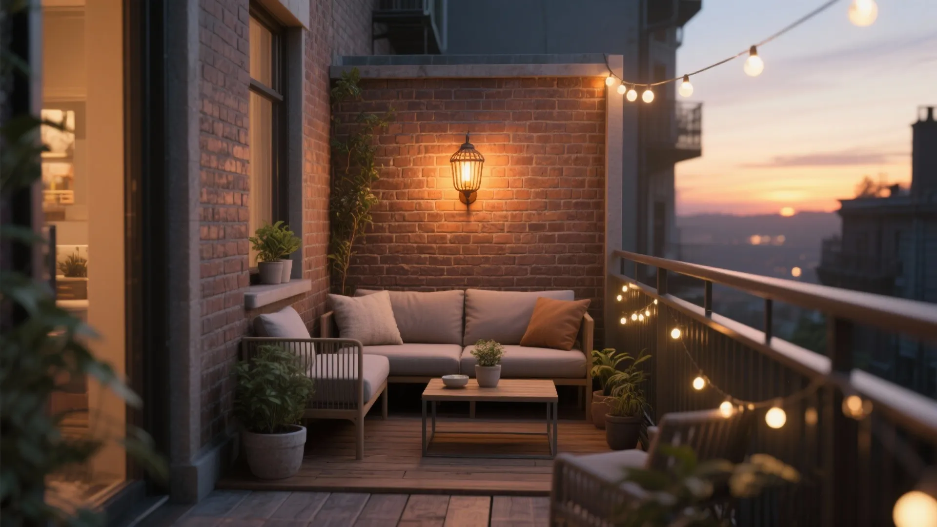 Balcony with brick wall grey sofa wooden floor potted plants string lights and warm lighting