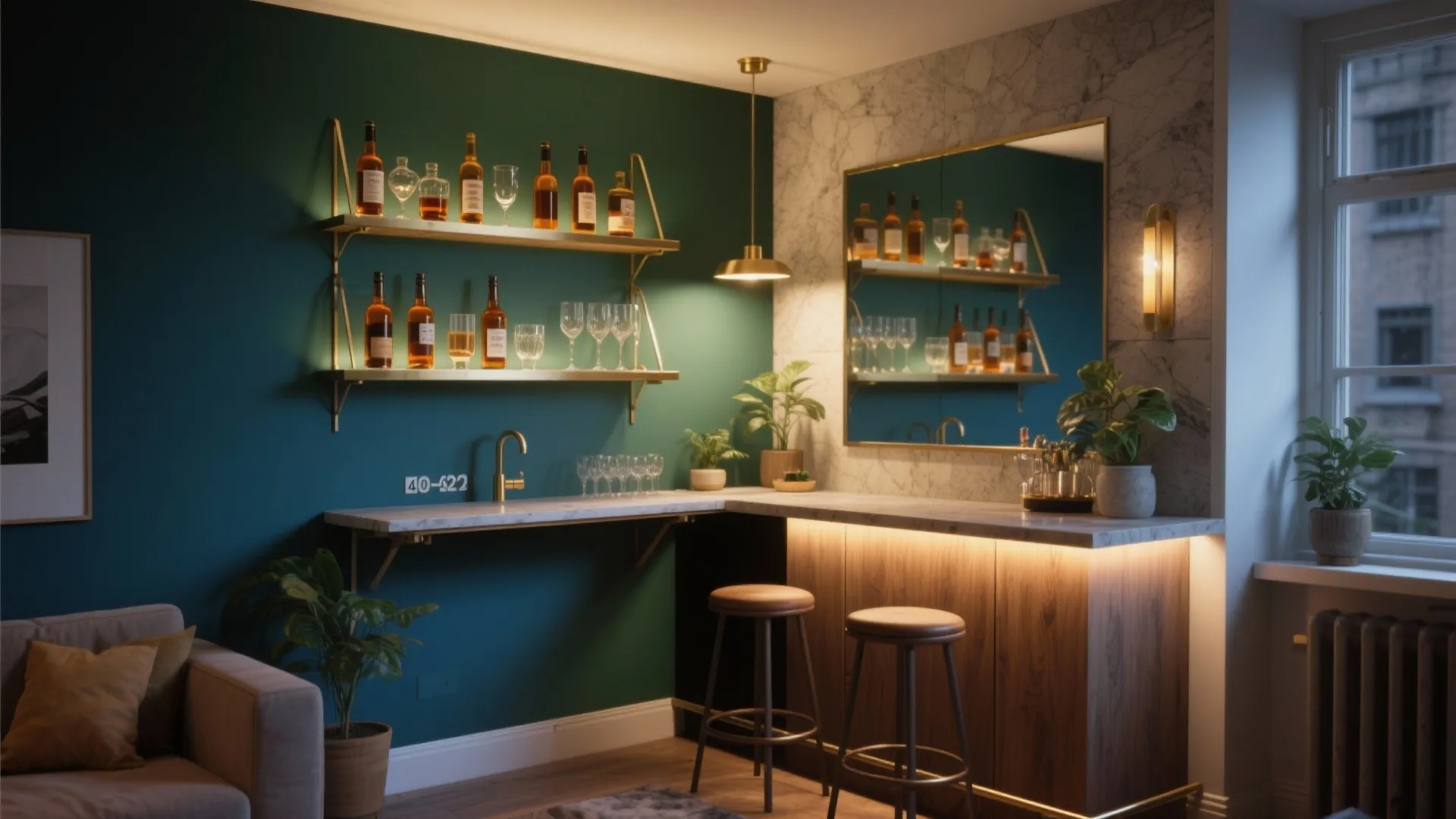 Home bar with green walls marble countertop wooden stools gold wall shelves and ceiling light