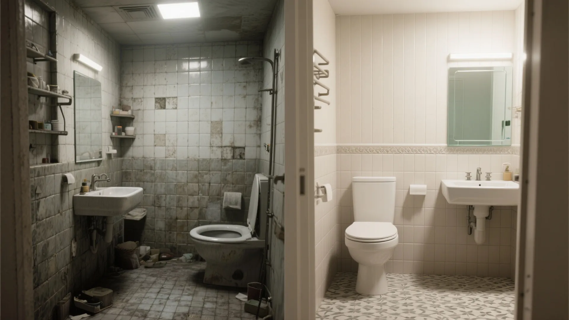 Before-and-after of a tiny bathroom transforming to neutral textured tiles and brighter finishes.