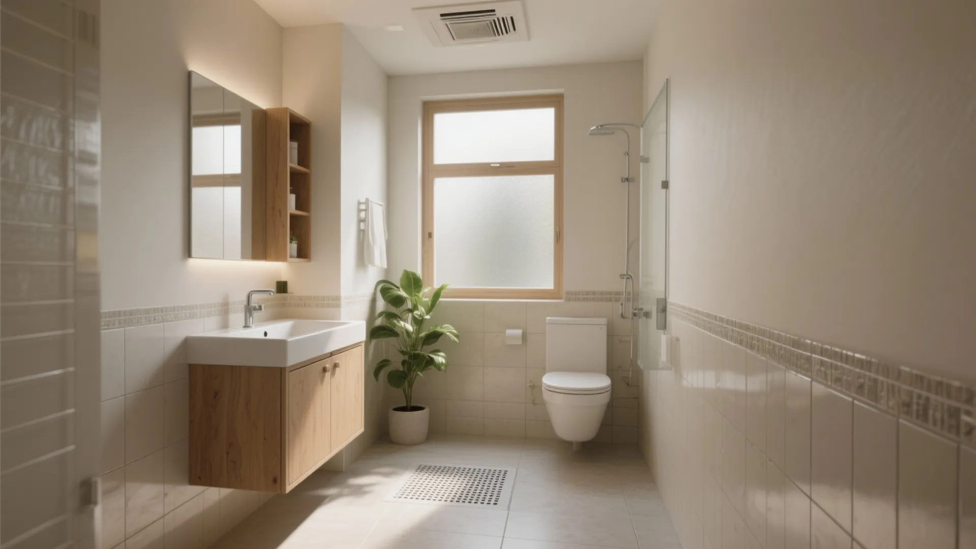 Bright bathroom featuring wooden cabinet sink mirror green plant white toilet and a large window
