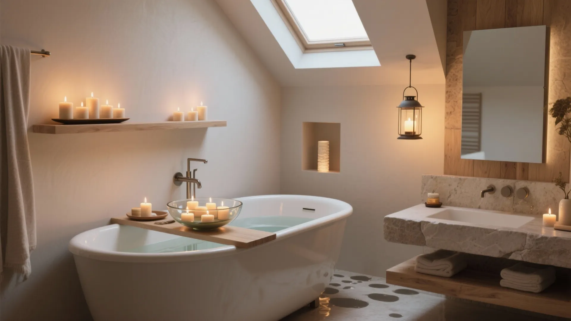 Cozy bathroom interior with lit candles on a wooden shelf and beside a white bathtub