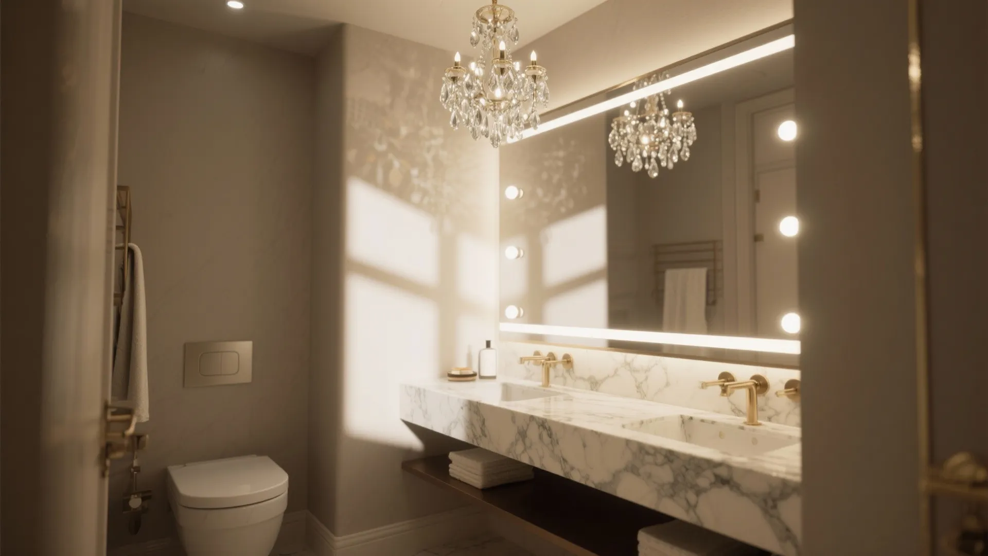 Modern bathroom with marble vanity gold faucets crystal ceiling light large lighted mirror and white toilet