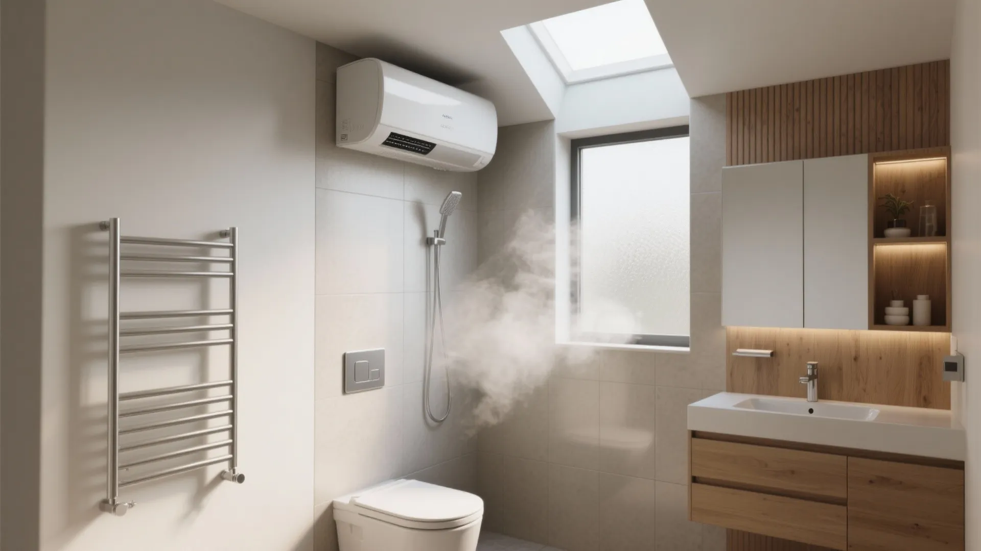 Modern bathroom with a skylight and wall mounted heater blowing warm steam over the toilet