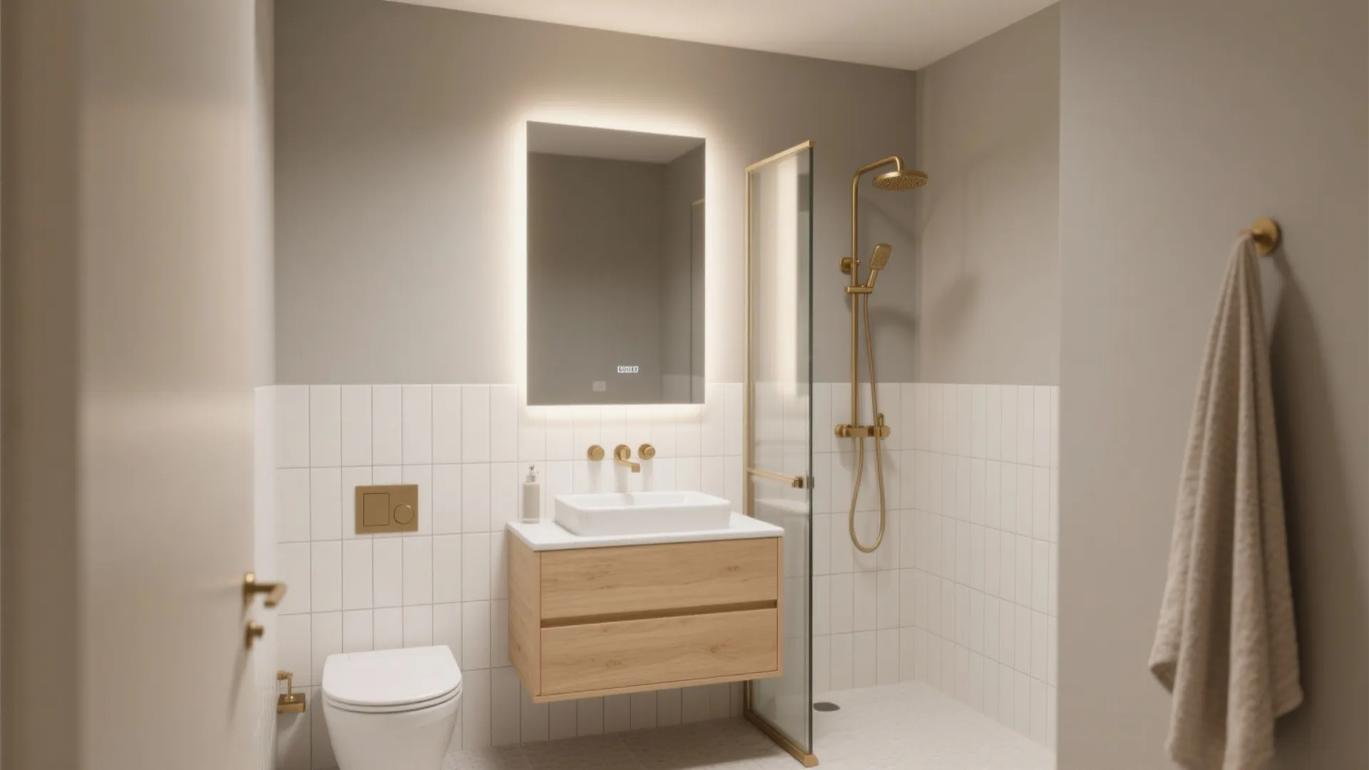 Minimalist bathroom interior design drawing with backlit mirror wooden cabinet white toilet and gold shower