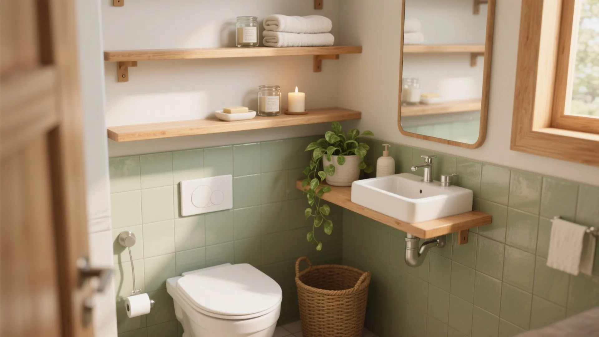Small bathroom interior with green tiles white toilet wooden shelves white sink and green plants