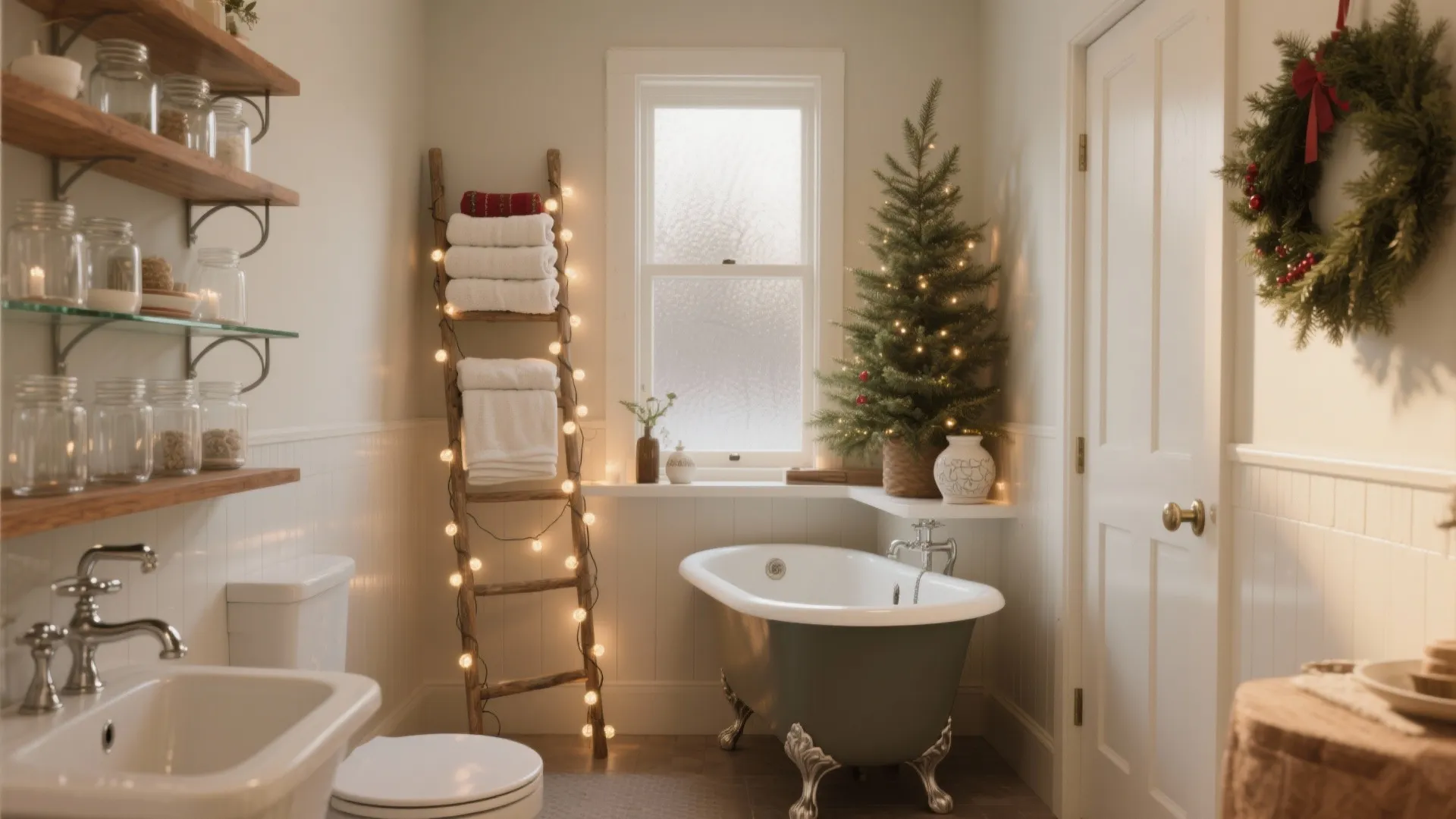 Festive bathroom with bathtub wooden towel ladder small christmas tree wreath and soft warm lighting