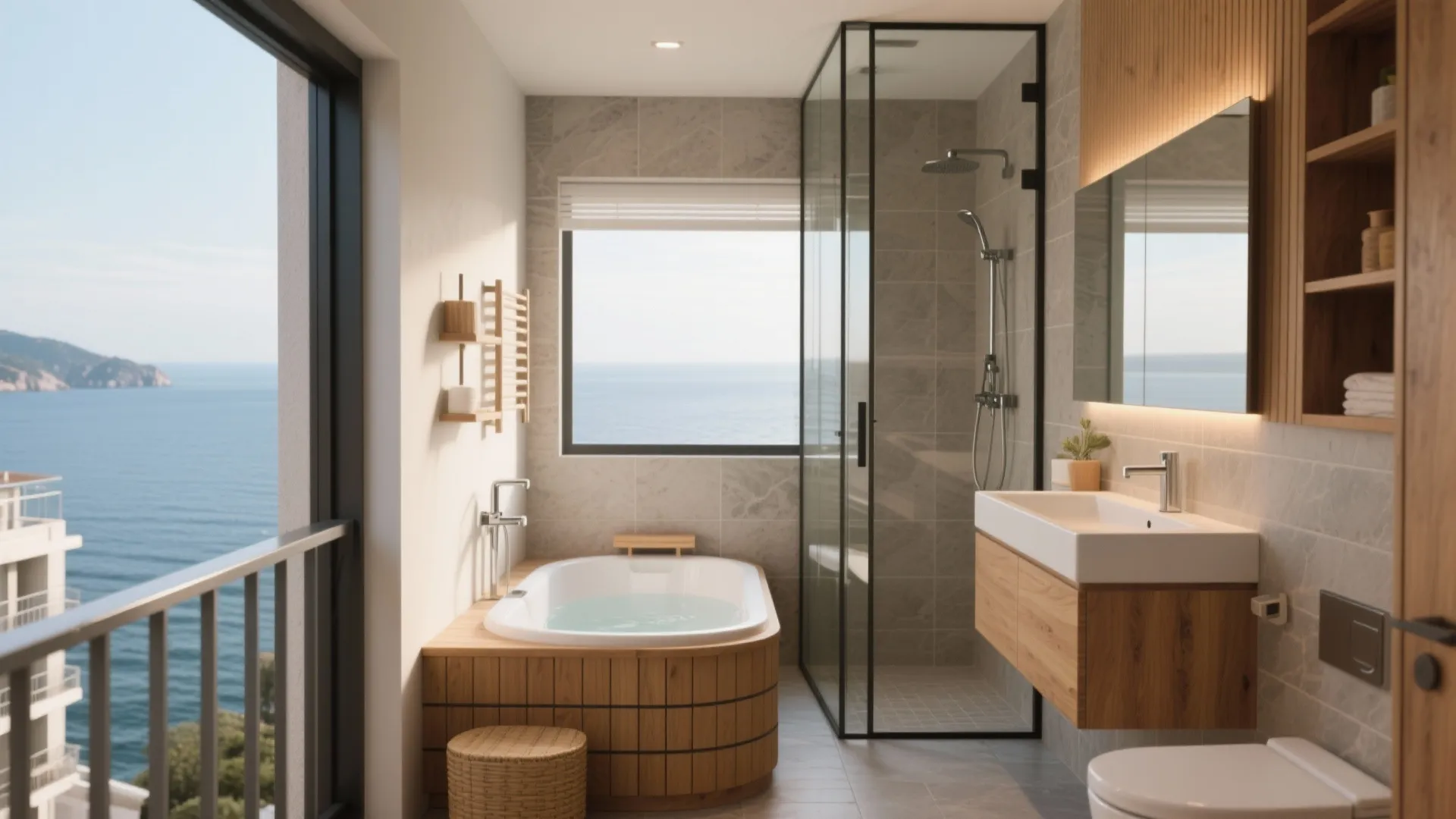 Modern luxury bathroom with wood bathtub, glass shower, stone walls, and a beautiful ocean view