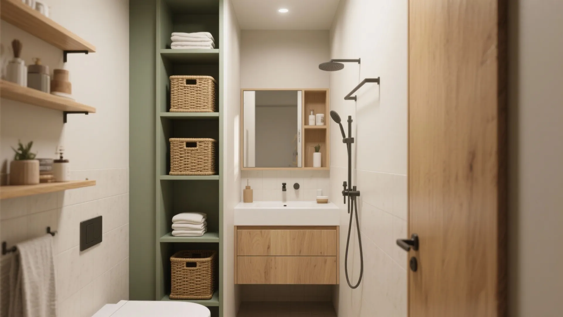 Small bathroom layout with green shelves woven baskets wooden sink cabinet and a black shower