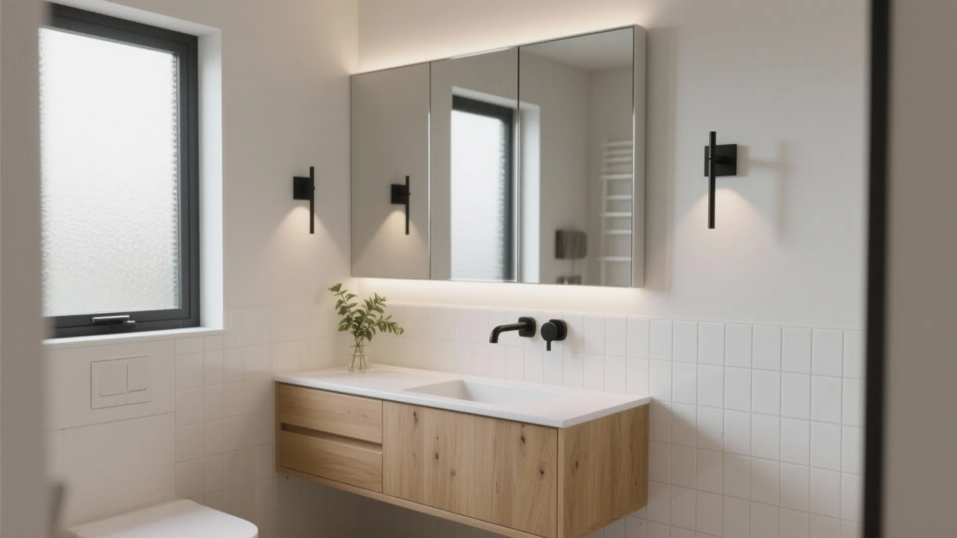 Minimalist bathroom with wooden cabinet white sink black wall light fixtures mirror and a small window