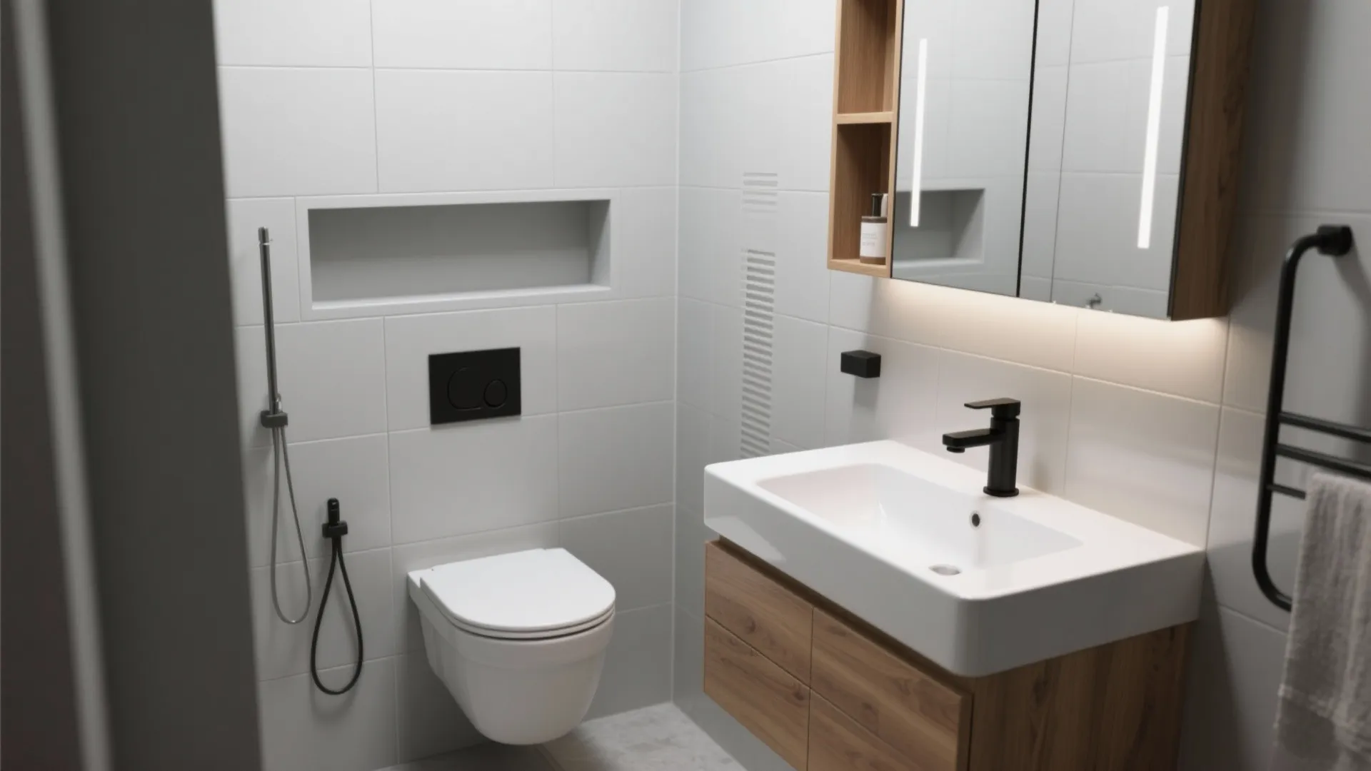 Small modern bathroom featuring white toilet wooden cabinet sink mirror light and grey wall tiles