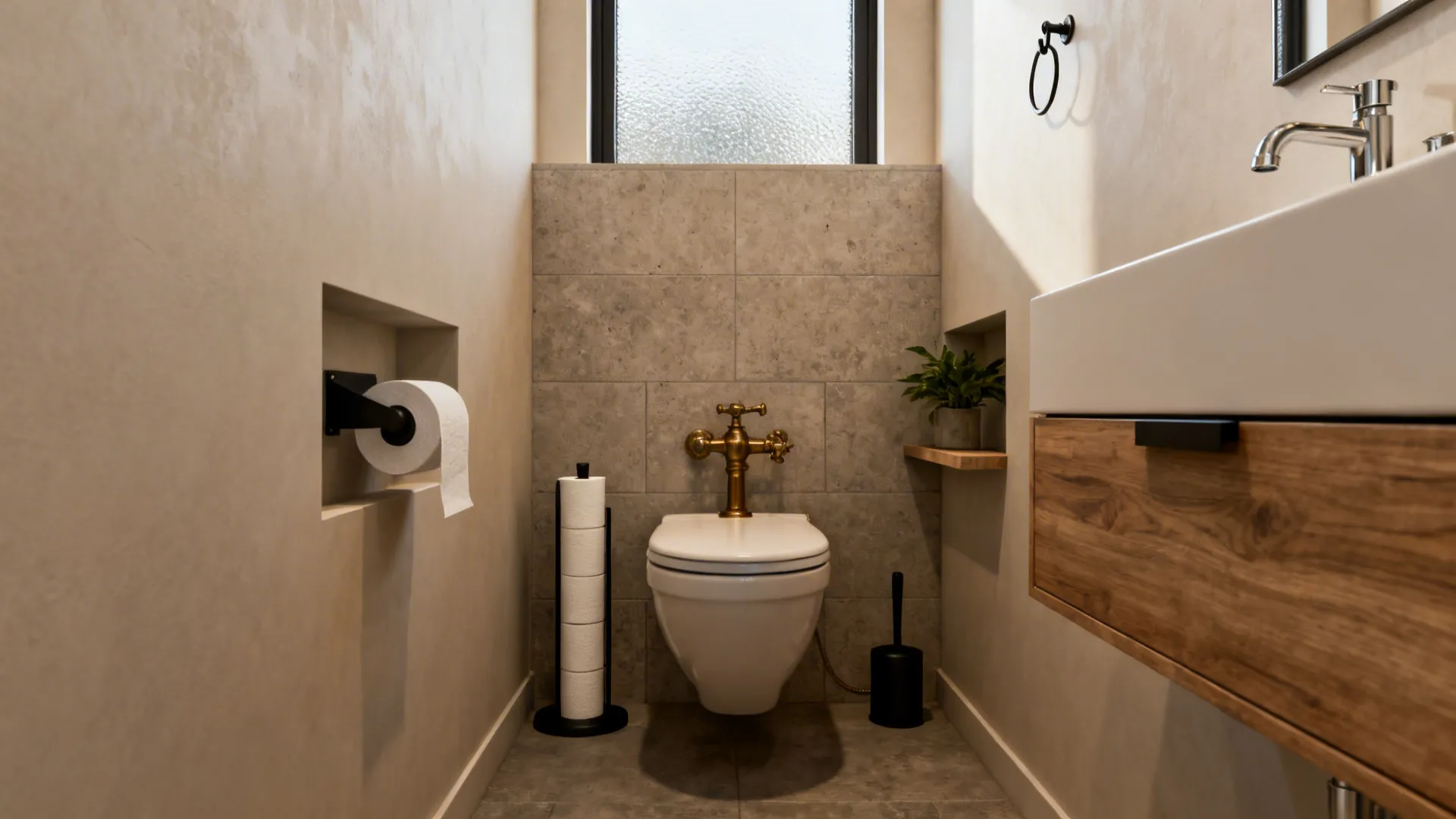 Small modern bathroom with white toilet, wooden sink cabinet, grey wall tiles and natural light