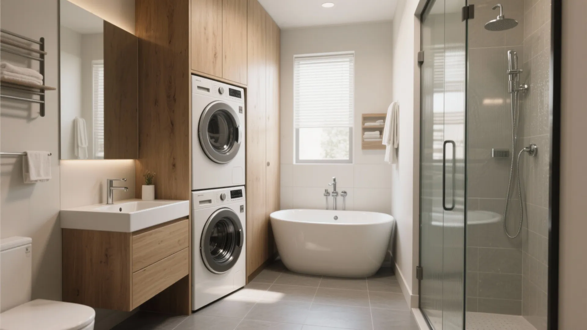 Modern bathroom with stacked washing machine dryer bathtub shower sink cabinet and grey floor tile layout
