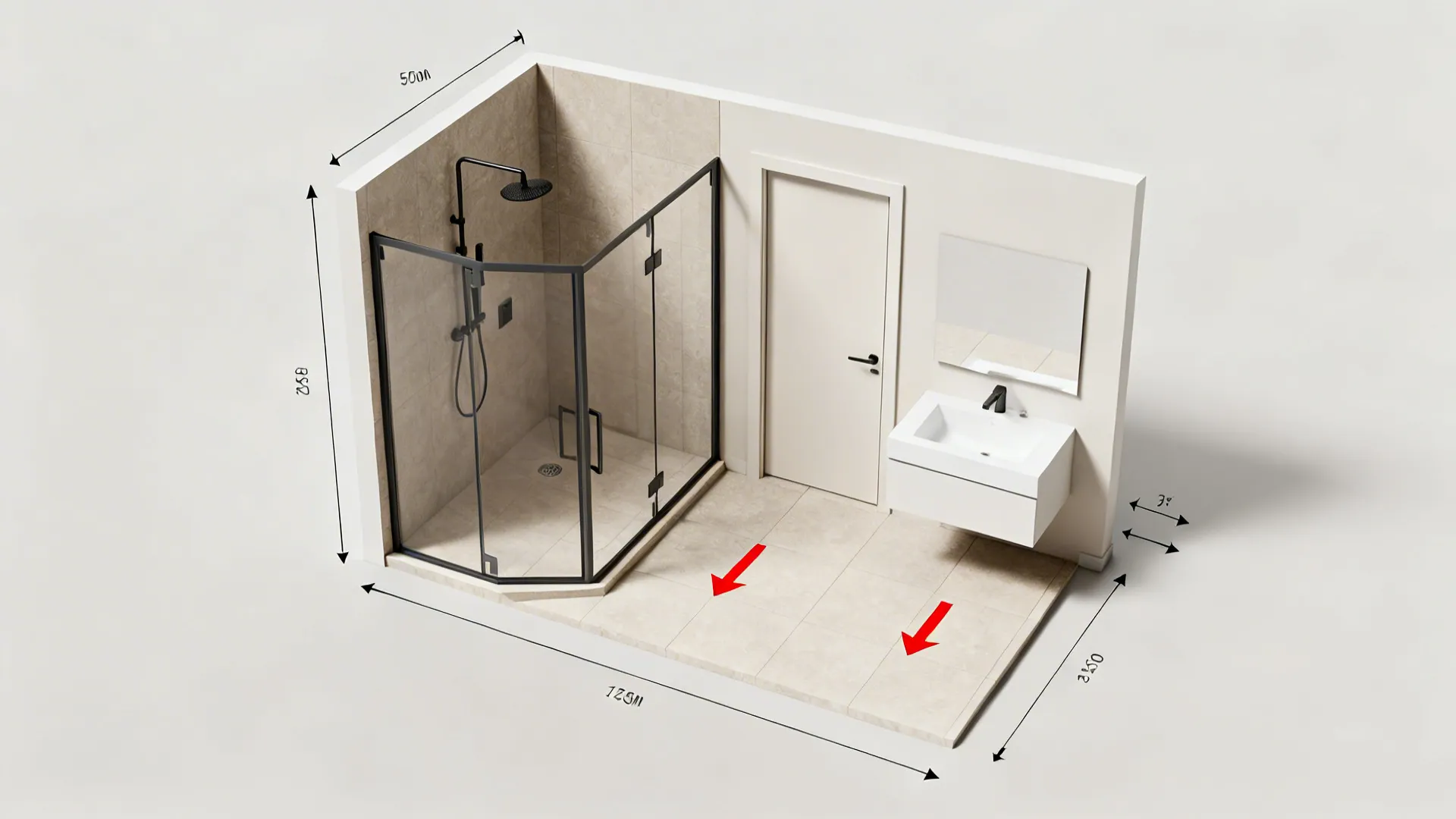 An interior design drawing showing a bathroom layout with shower sink door and room dimensions
