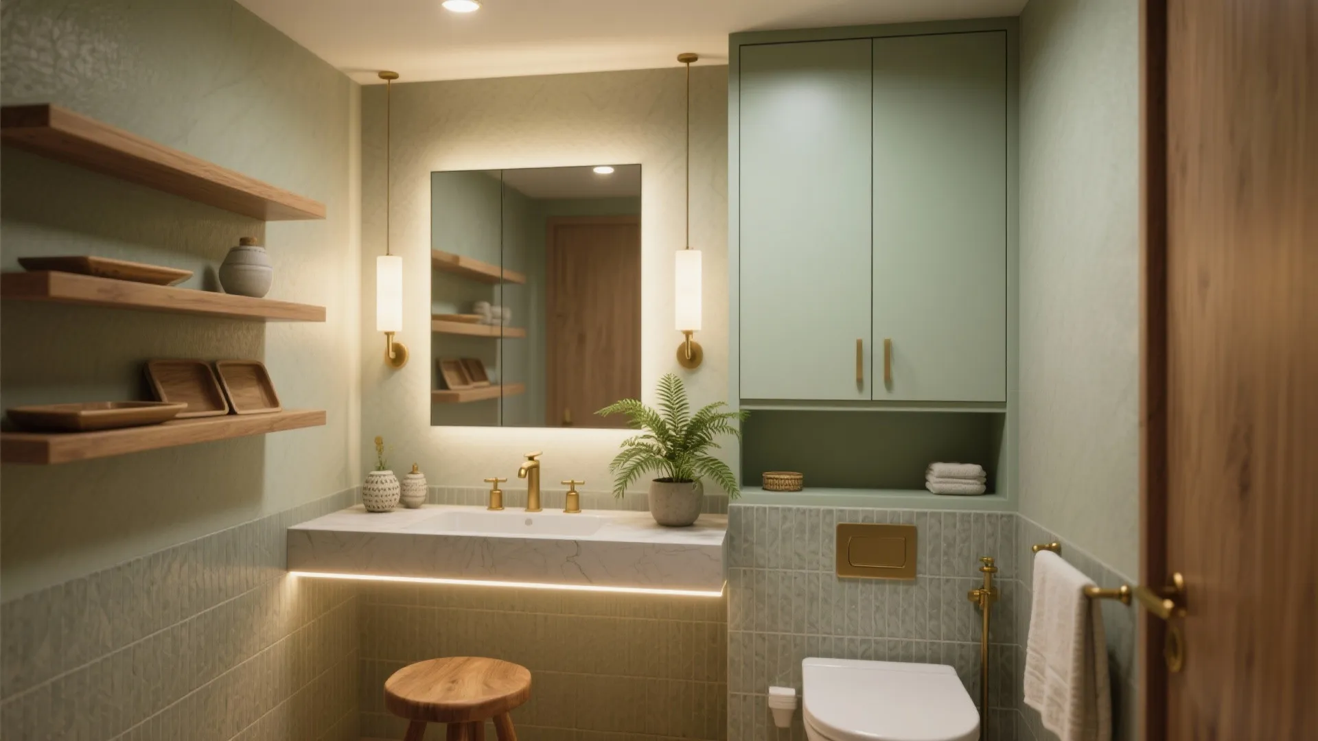 Small green bathroom design with marble sink wooden stool wall shelves and green storage cabinet