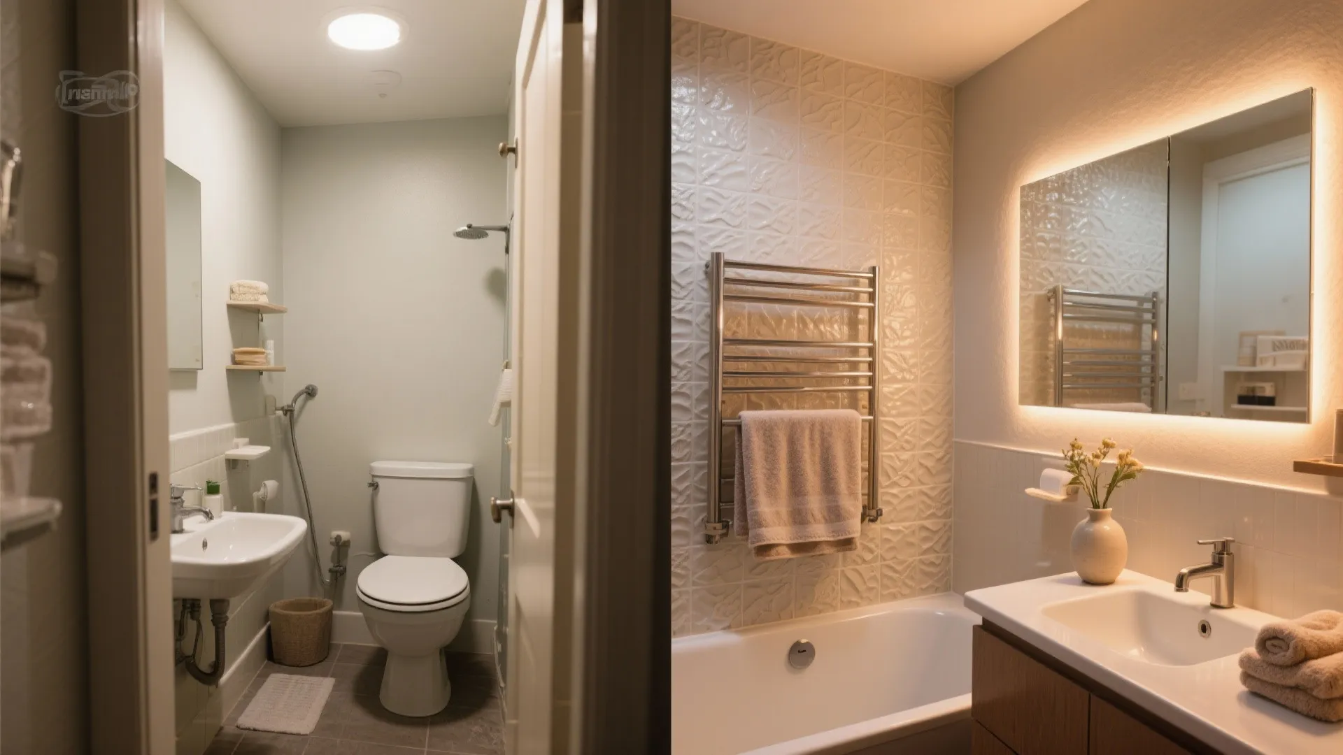 Before-and-after wide view of a tiny bathroom transformed with backlit mirror, textured wall, heated rail and layered lighting.