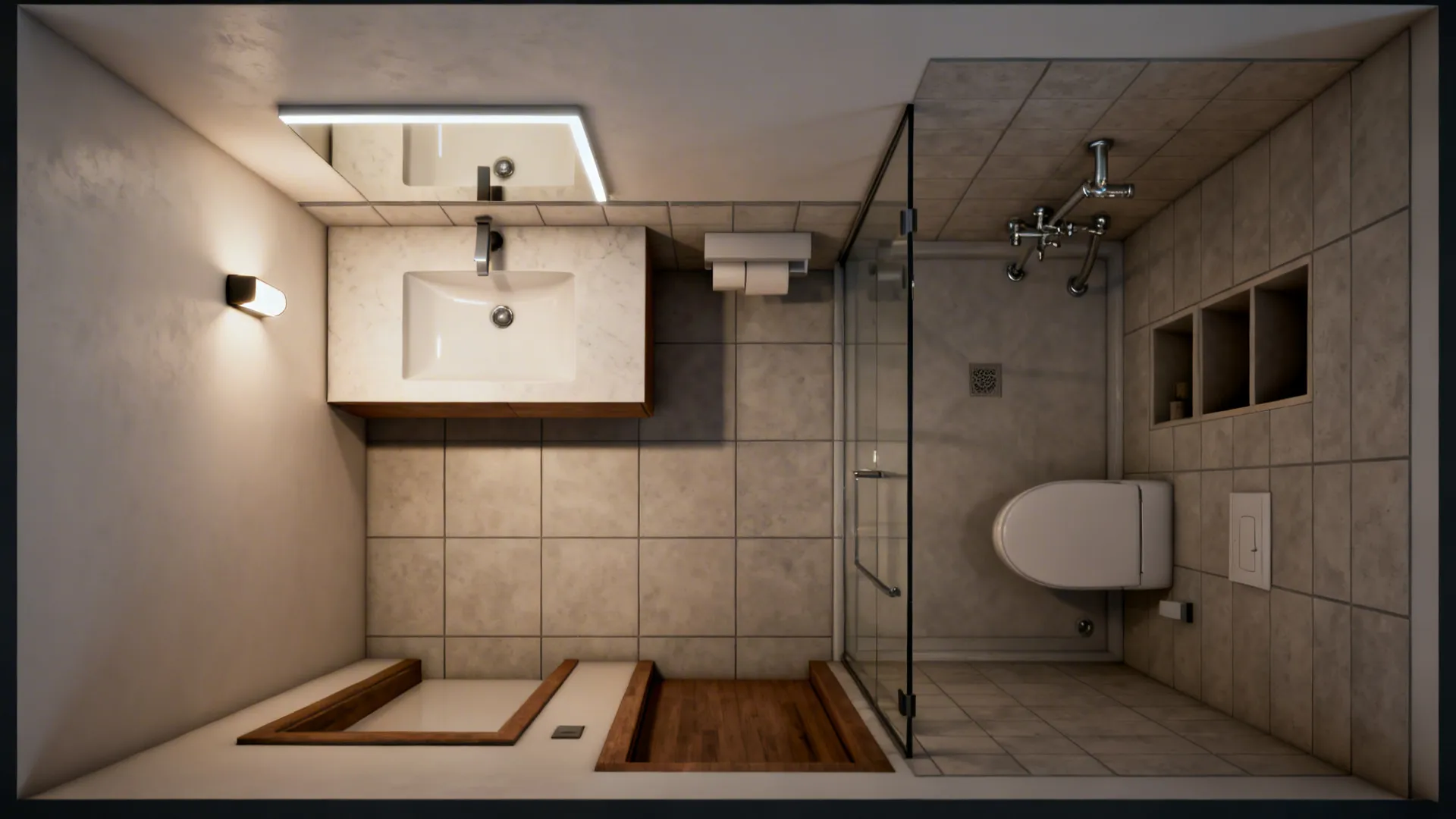 Top-down layout visualization of a tiny bathroom showing fixture placements and tile scale