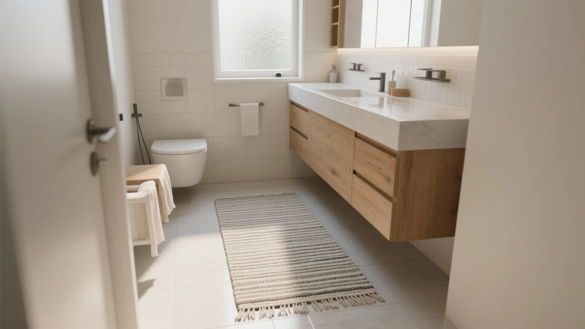 Modern bathroom with a wooden floating cabinet white marble sink toilet and a striped rug