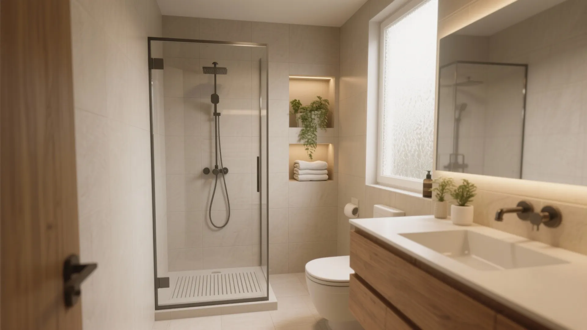 Small warm bathroom with glass shower stall wooden cabinet white sink toilet and green plants