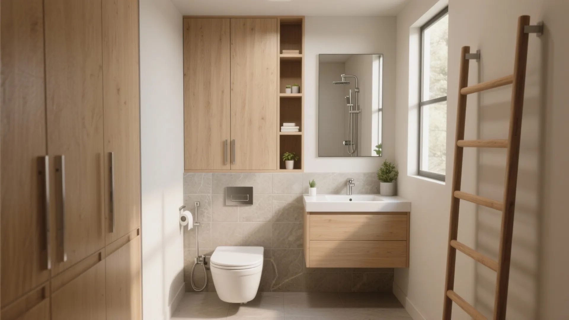 Modern small bathroom with wooden wall cabinet white sink toilet and a wooden towel ladder