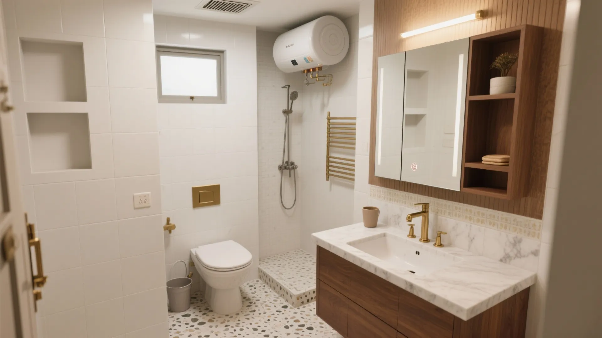 Small bathroom layout featuring white tile walls wooden storage cabinet marble sink and gold light fixtures