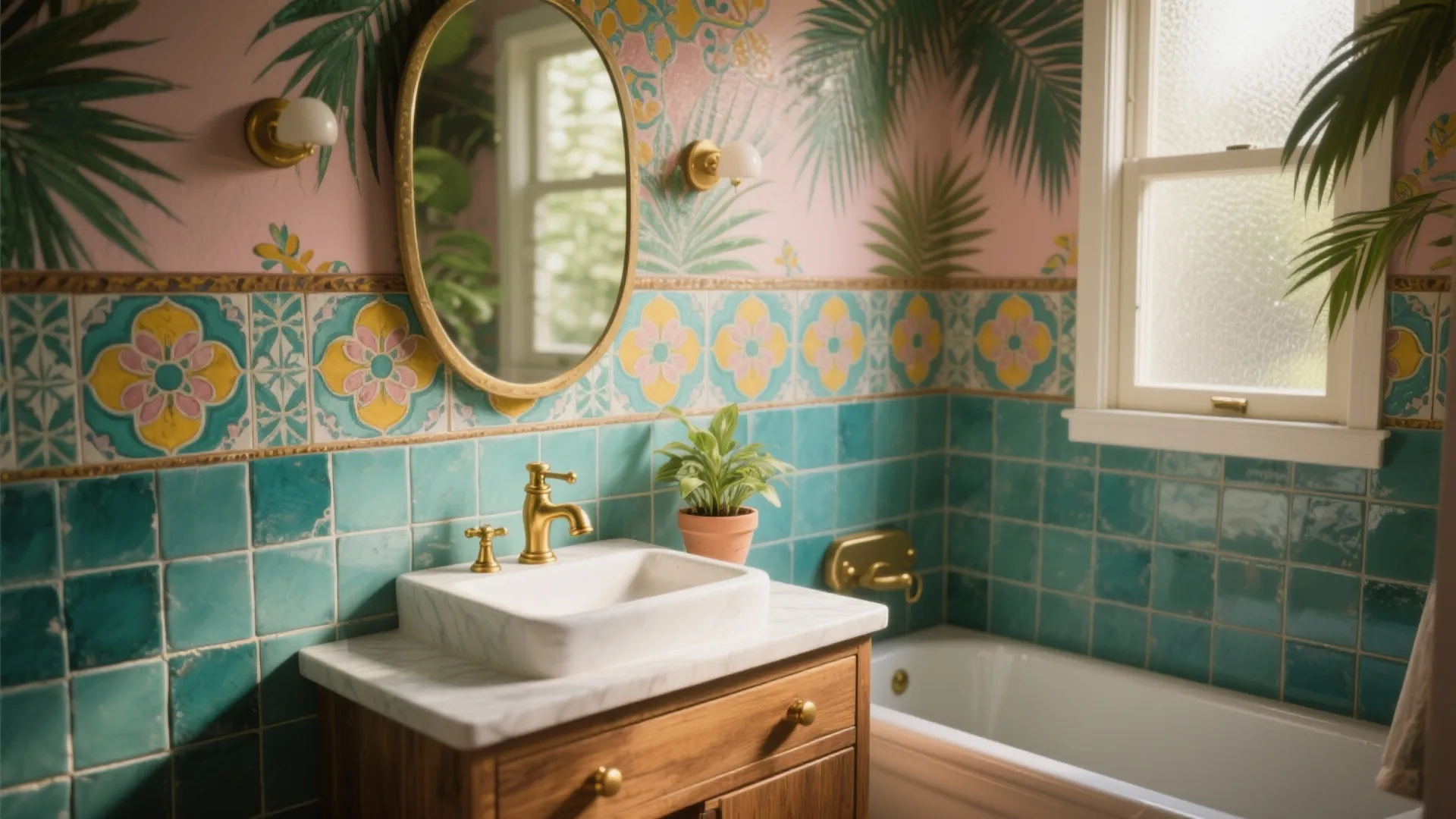 Small bathroom with pink tropical leaf wallpaper turquoise tiles wood cabinet white sink gold mirror