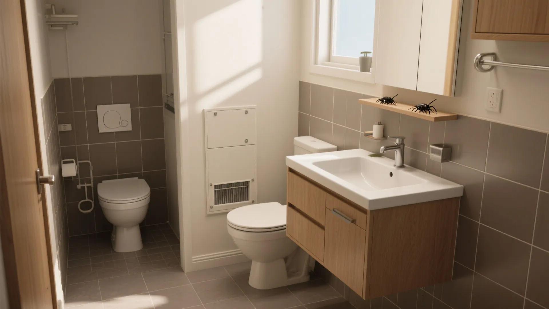 Modern bathroom interior design drawing with white toilets wooden cabinet sink and brown wall tiles