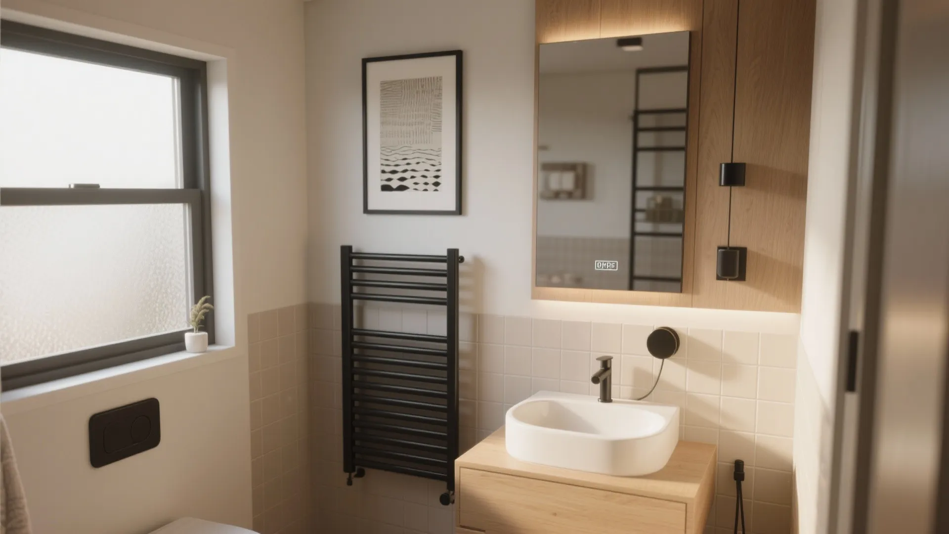 Modern bathroom interior featuring a white sink wooden cabinet black towel rack and lighted mirror