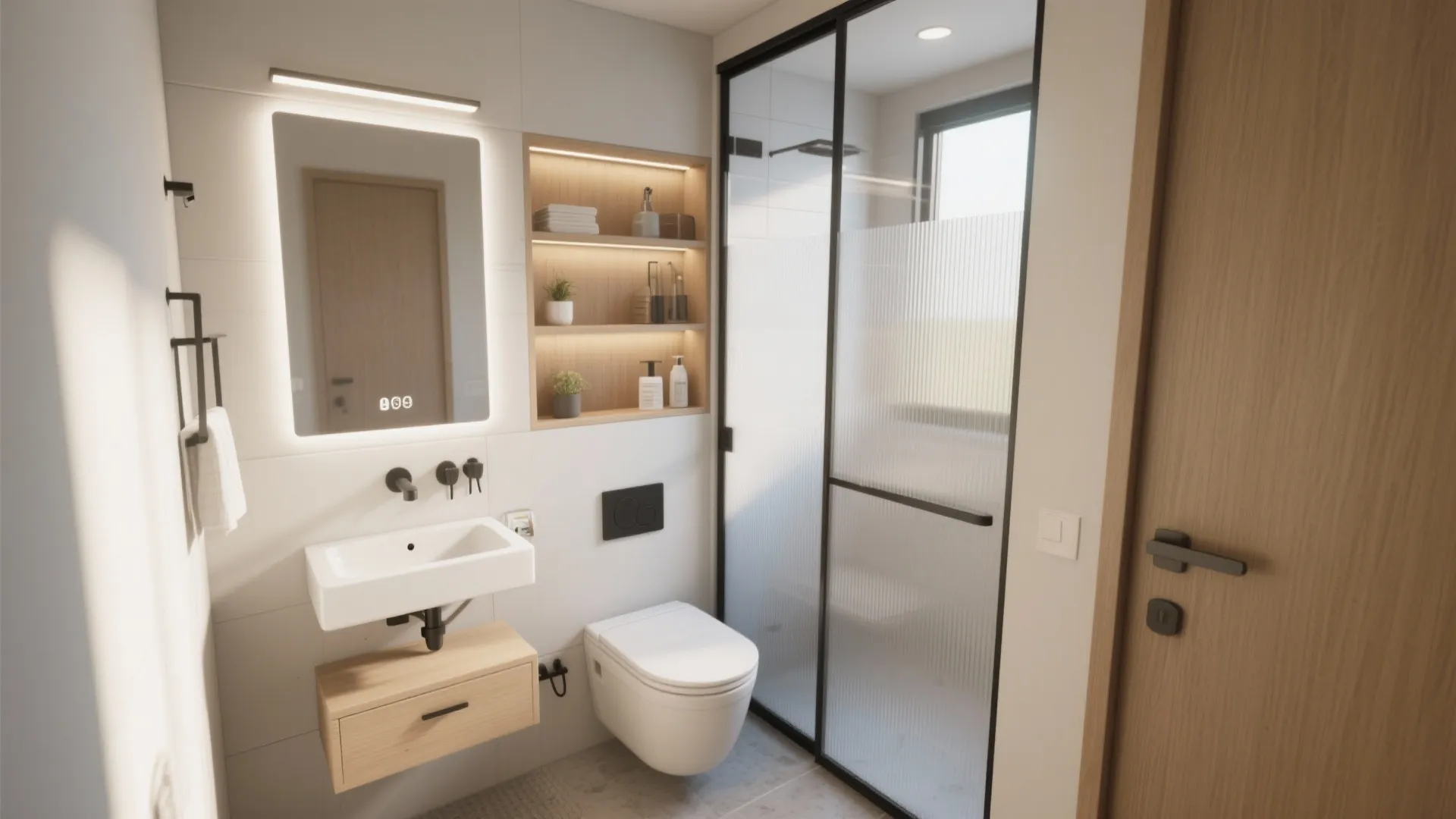 Small modern bathroom with white sink toilet lighted mirror glass shower door and wooden cabinet
