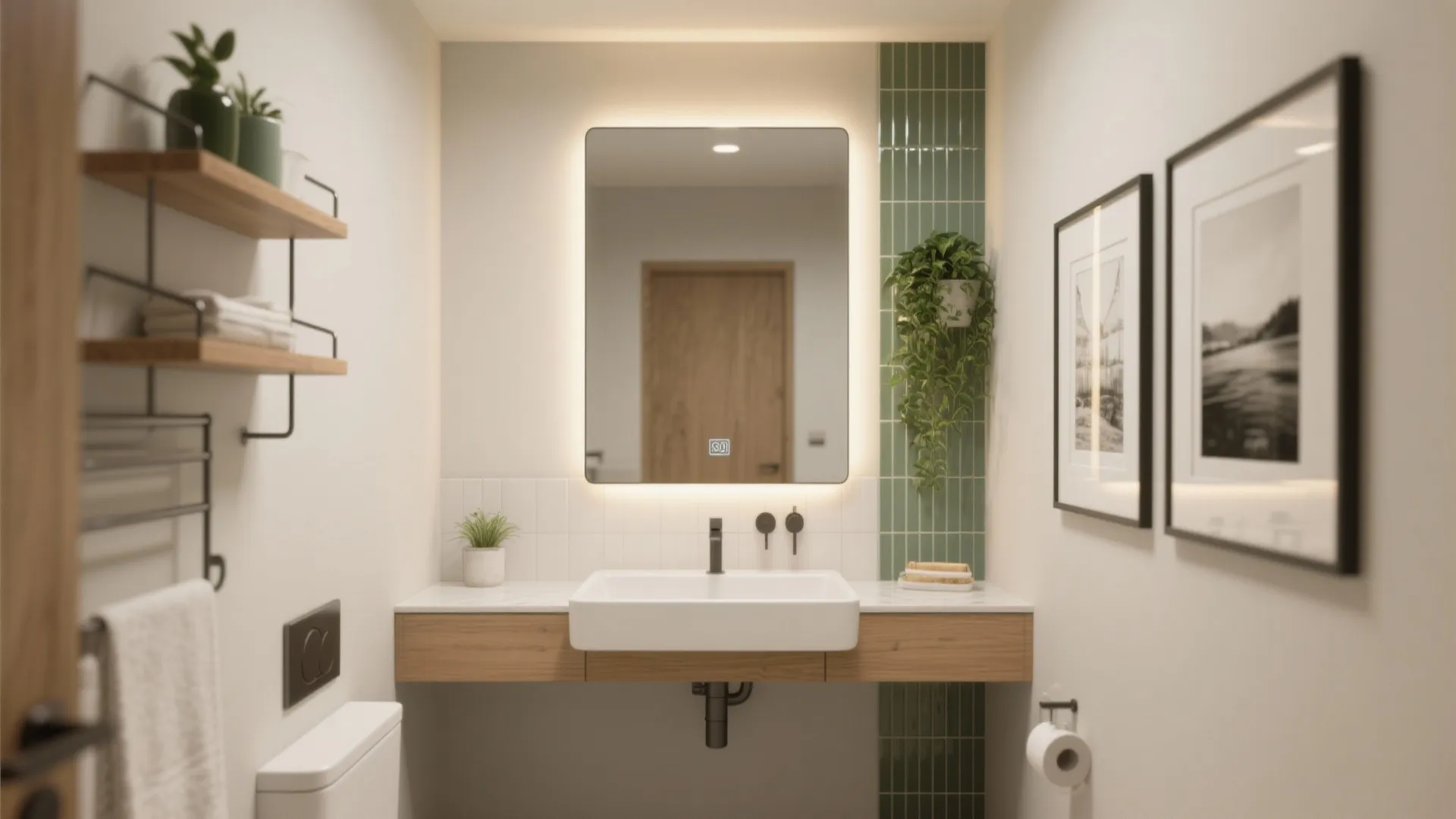 Small modern bathroom with a lighted mirror above a white sink and wooden floating cabinet