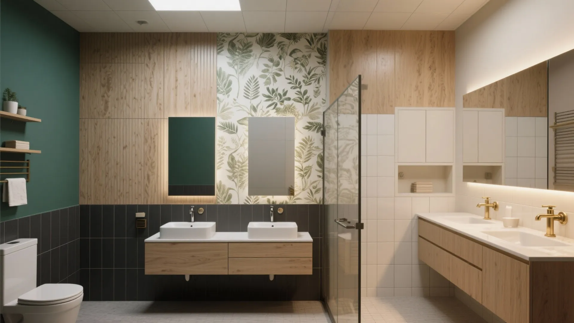 Spacious bathroom interior with double sinks wooden cabinets leaf pattern wallpaper and green wall panels