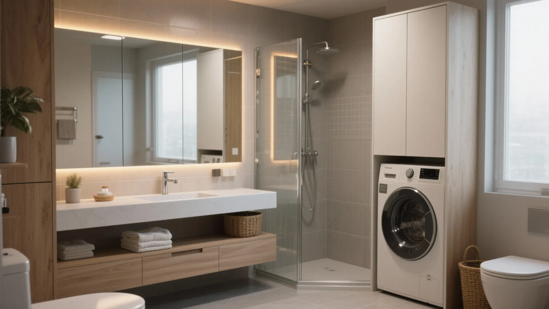 Modern bathroom featuring wooden vanity white sink glass shower washing machine and a large backlit mirror