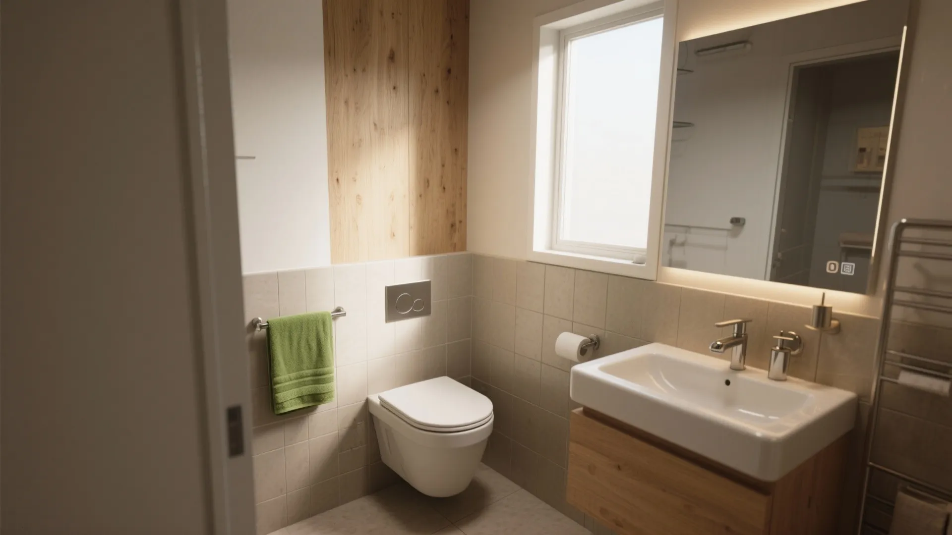 Modern small bathroom design with white toilet wood cabinet sink mirror and a green towel