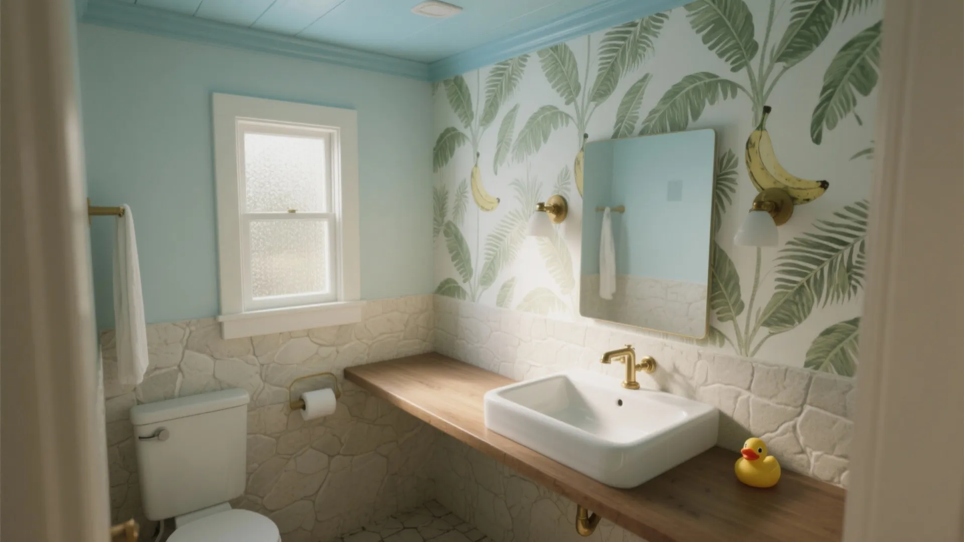 Small bathroom with tropical leaf wallpaper light blue ceiling wooden counter white sink and yellow duck