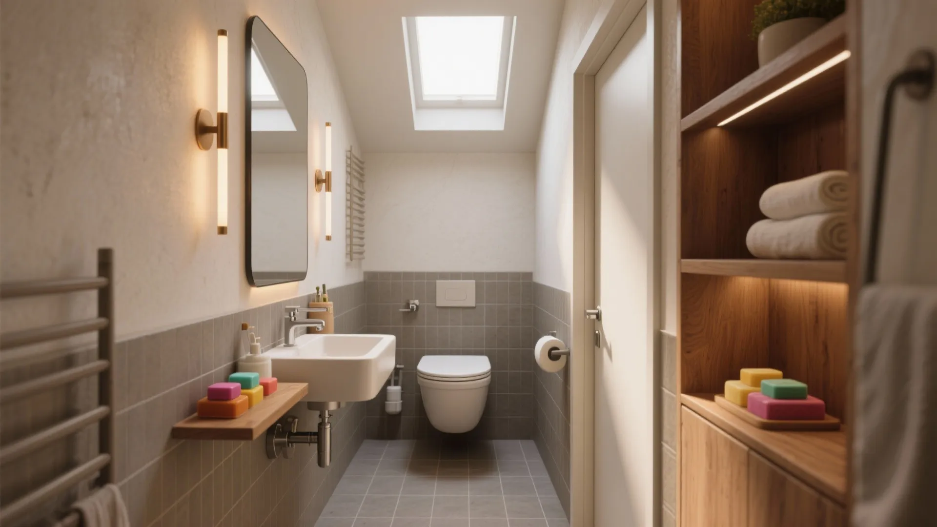 Modern small bathroom with a white sink grey tiles a toilet and a small roof window