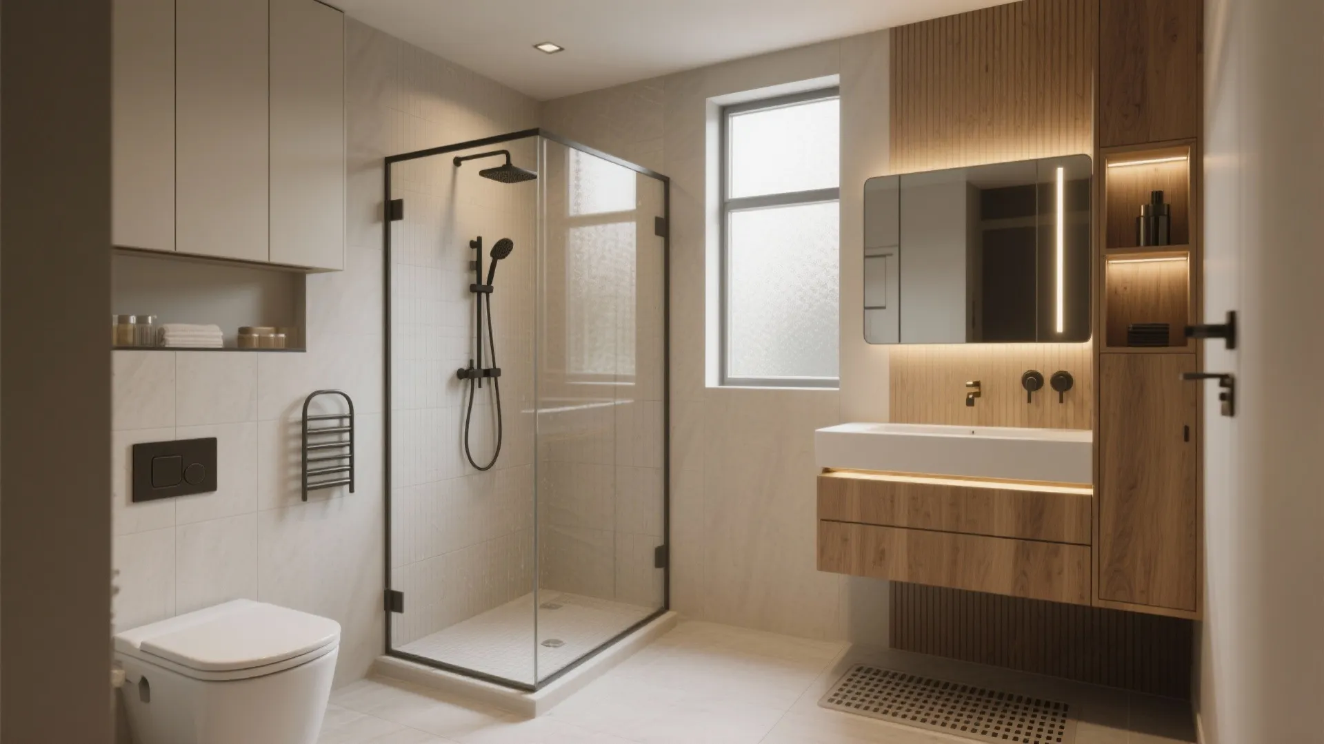 Small modern bathroom featuring glass shower box, wooden cabinet, white toilet, and wooden wall panel