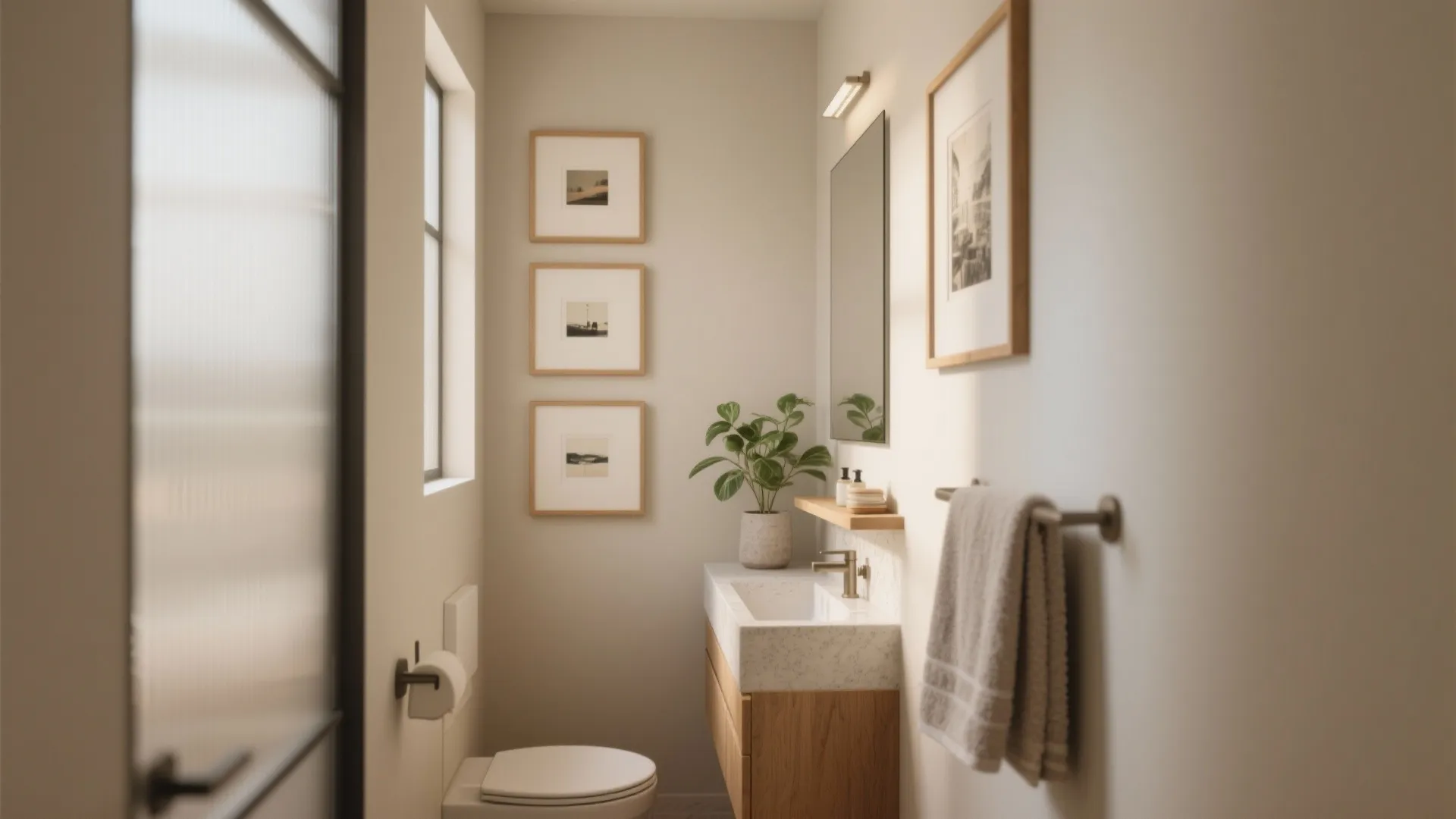 Small modern bathroom with wooden sink cabinet green plant three framed pictures and white toilet