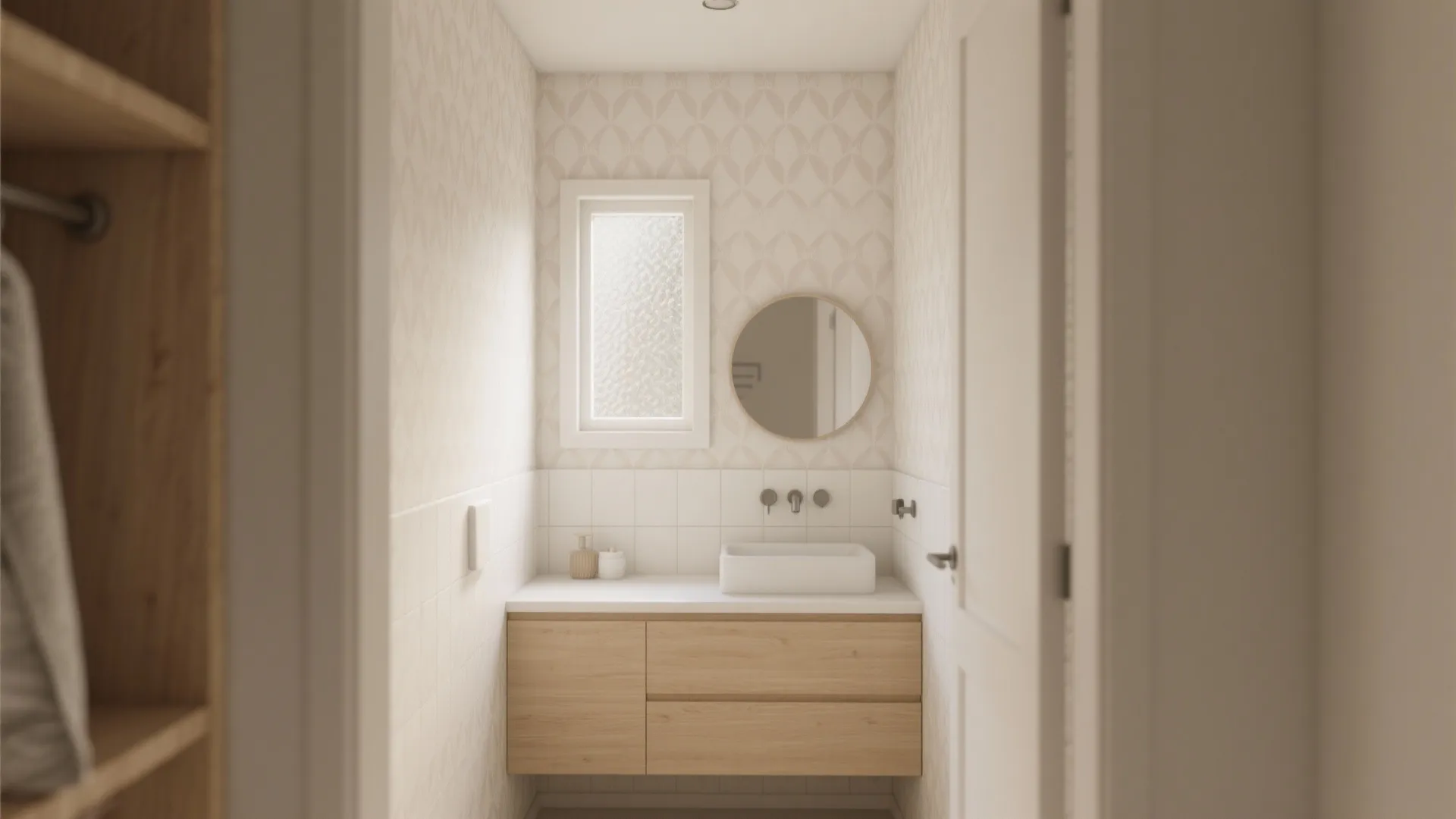 Small bathroom interior design with wooden cabinet white sink round mirror and patterned wall wallpaper