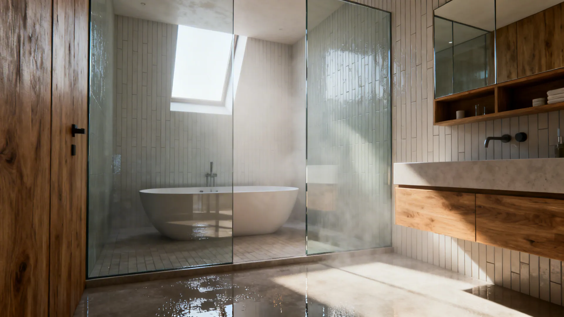 Bright bathroom with white bathtub under roof window glass partition steam and wooden wall cabinet