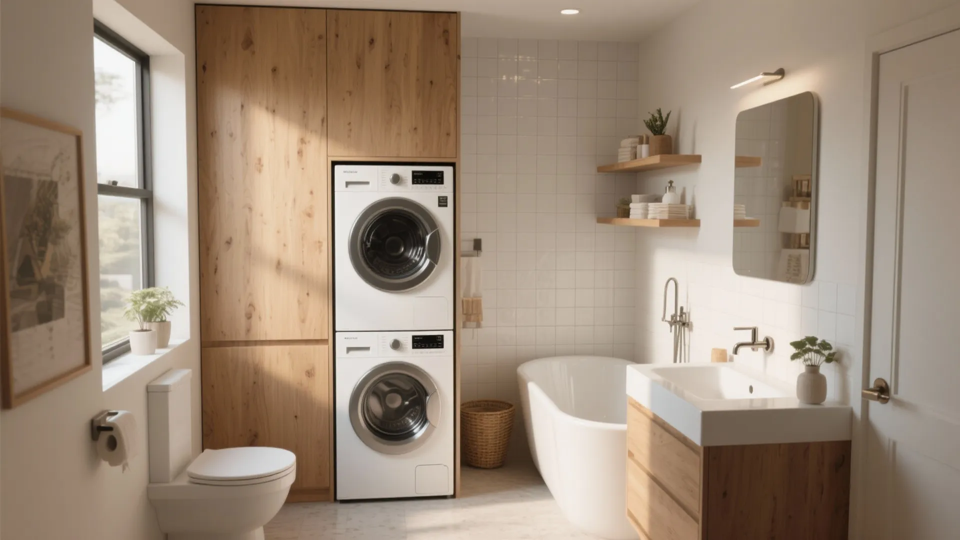 Modern bathroom laundry room with stacked washer dryer toilet white bathtub wooden cabinet and sink