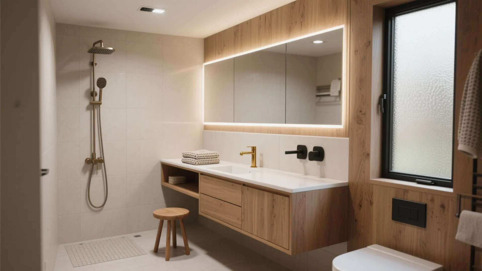 Bathroom with wood wall panel large lit mirror wooden cabinet gold tap shower and stool