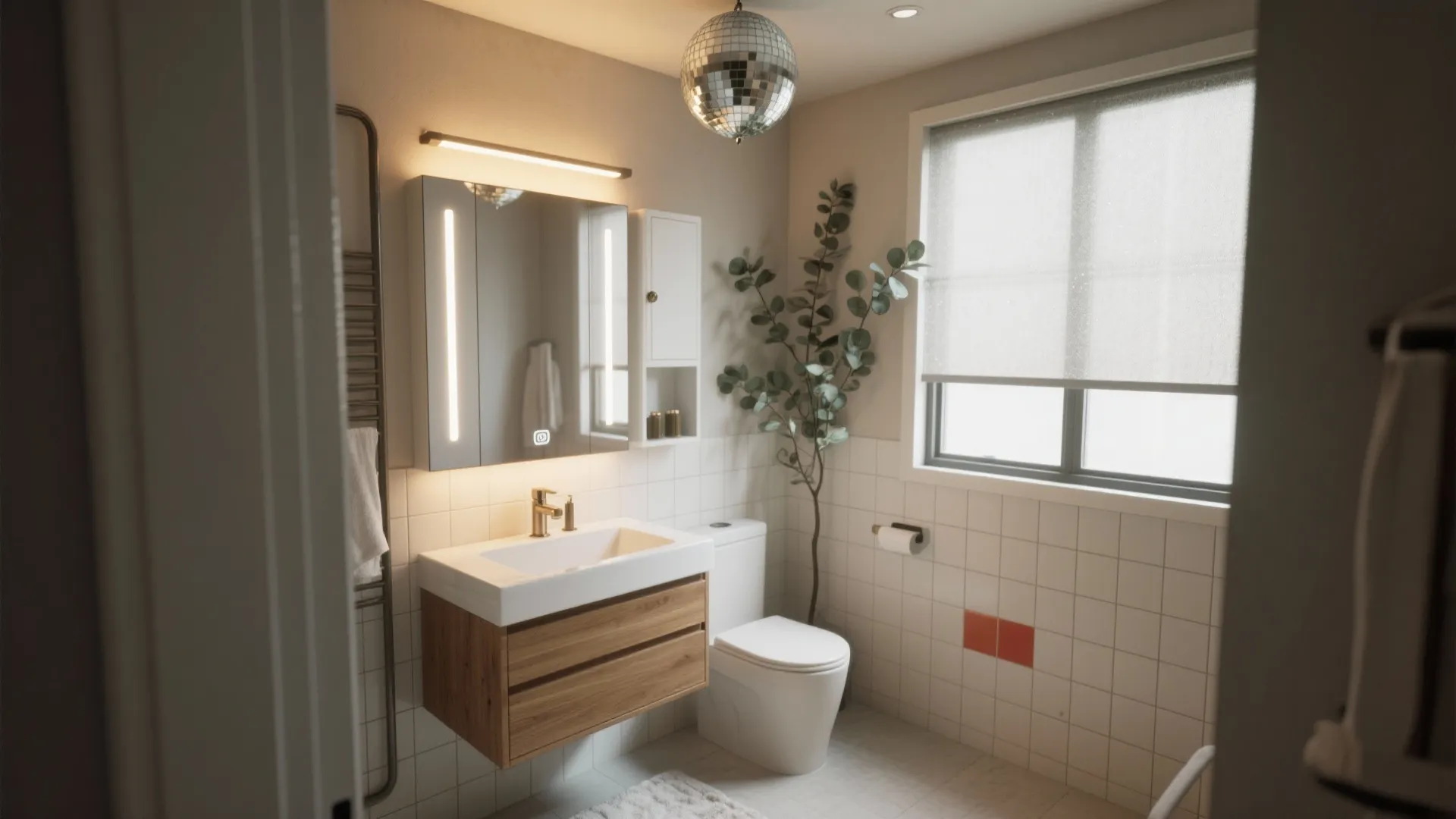 Modern bathroom with wood cabinet white sink toilet and round mirror showing soft warm light