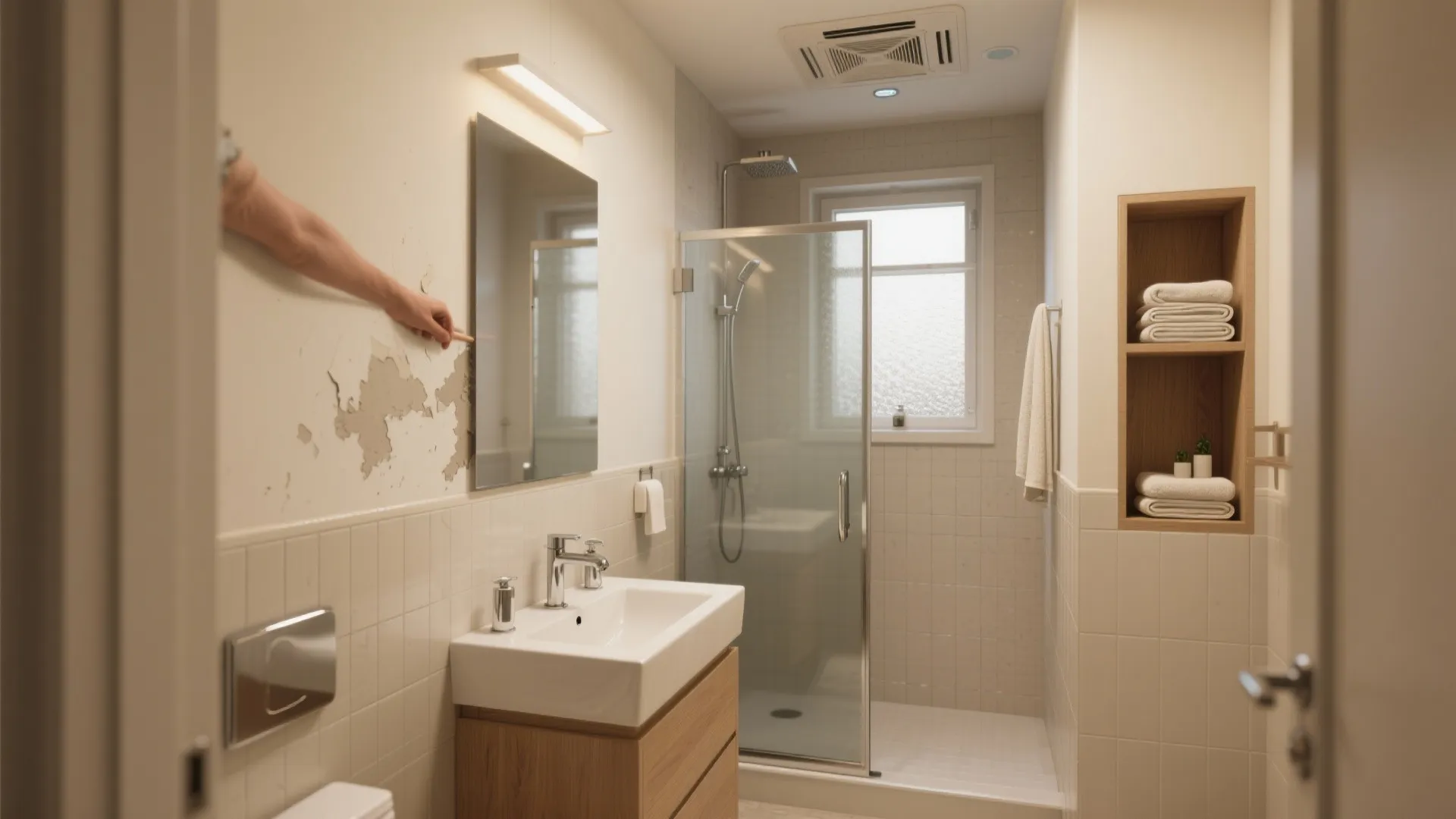 Small bathroom with white sink and glass shower and wood cabinet and peeling wall paint