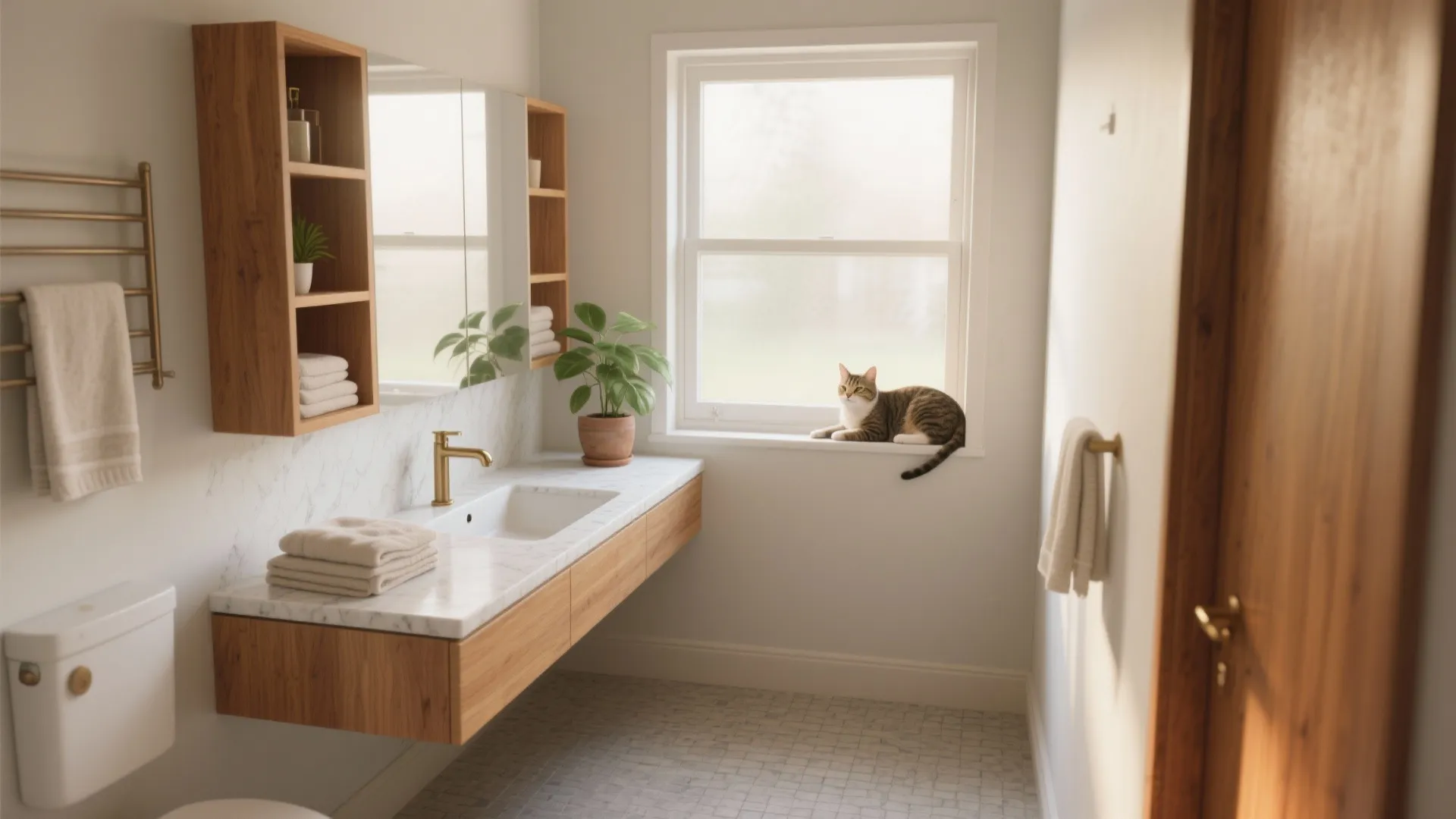 Bathroom interior design with wood floating sink cabinet marble top and cat on the window