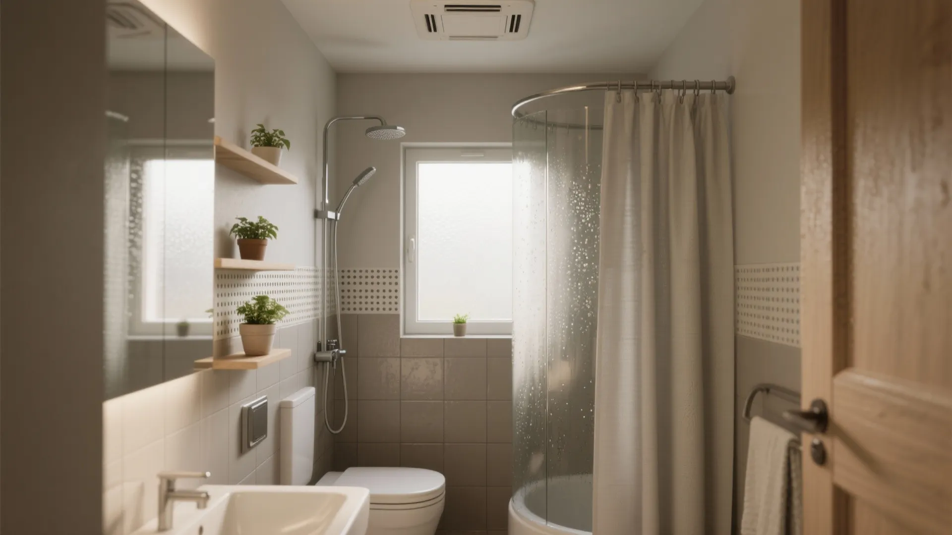 Small bathroom with glass shower door, white toilet, wooden wall shelves, and a large window