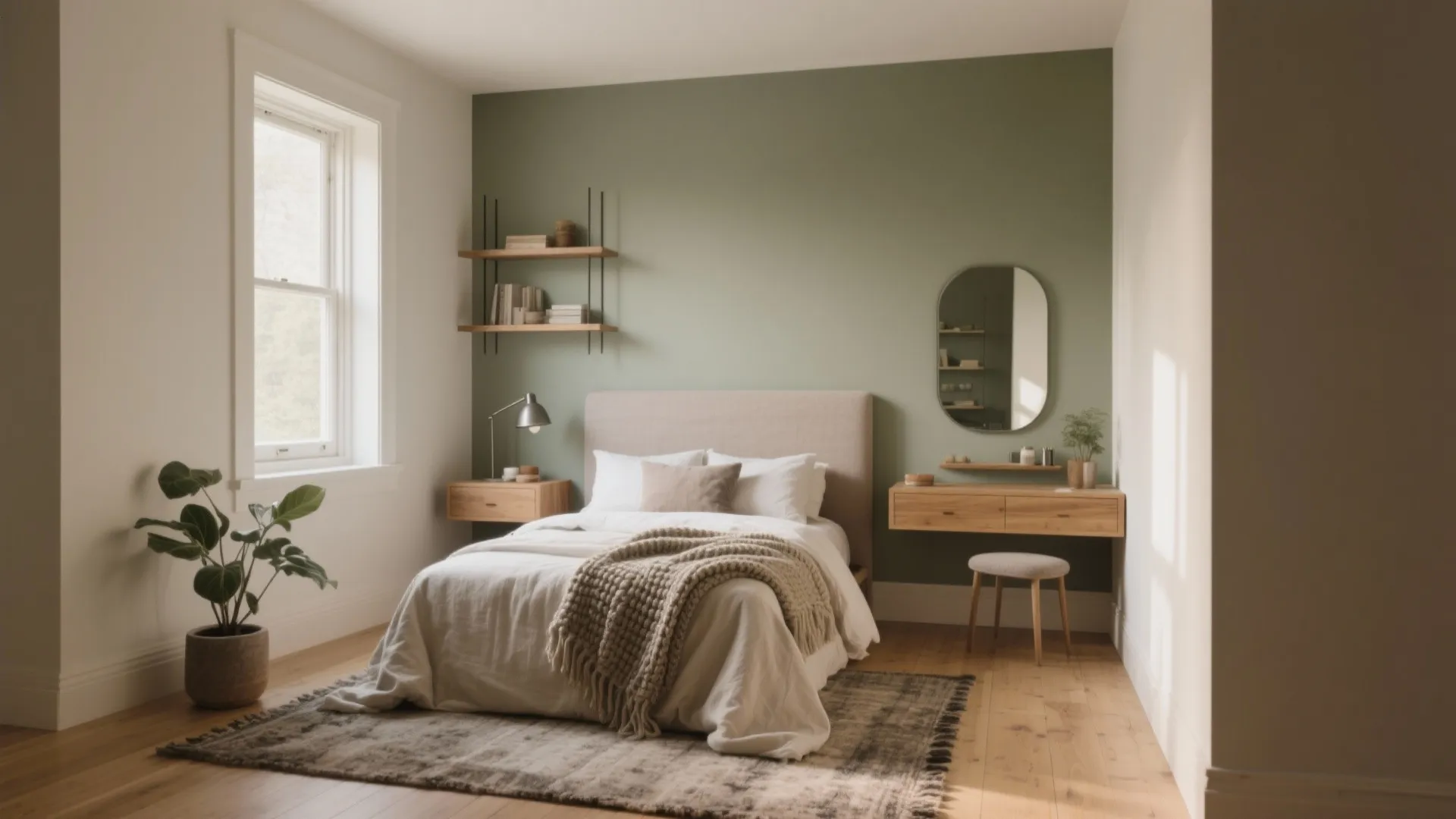 Modern bedroom with green accent wall wooden furniture beige bed large window and indoor green plant