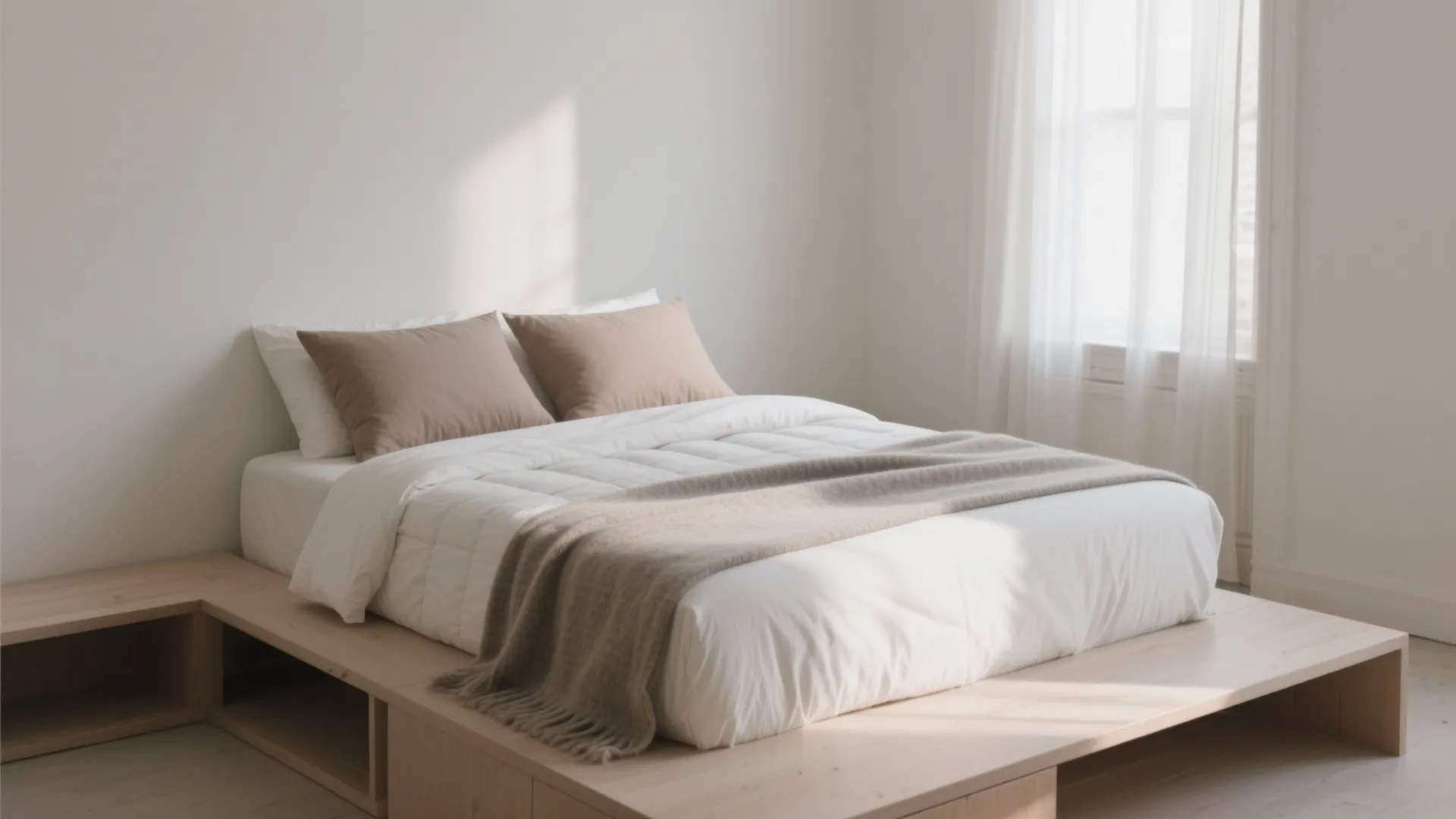 Minimalist wooden platform bed with white bedding and brown pillows in a bright sunlit bedroom