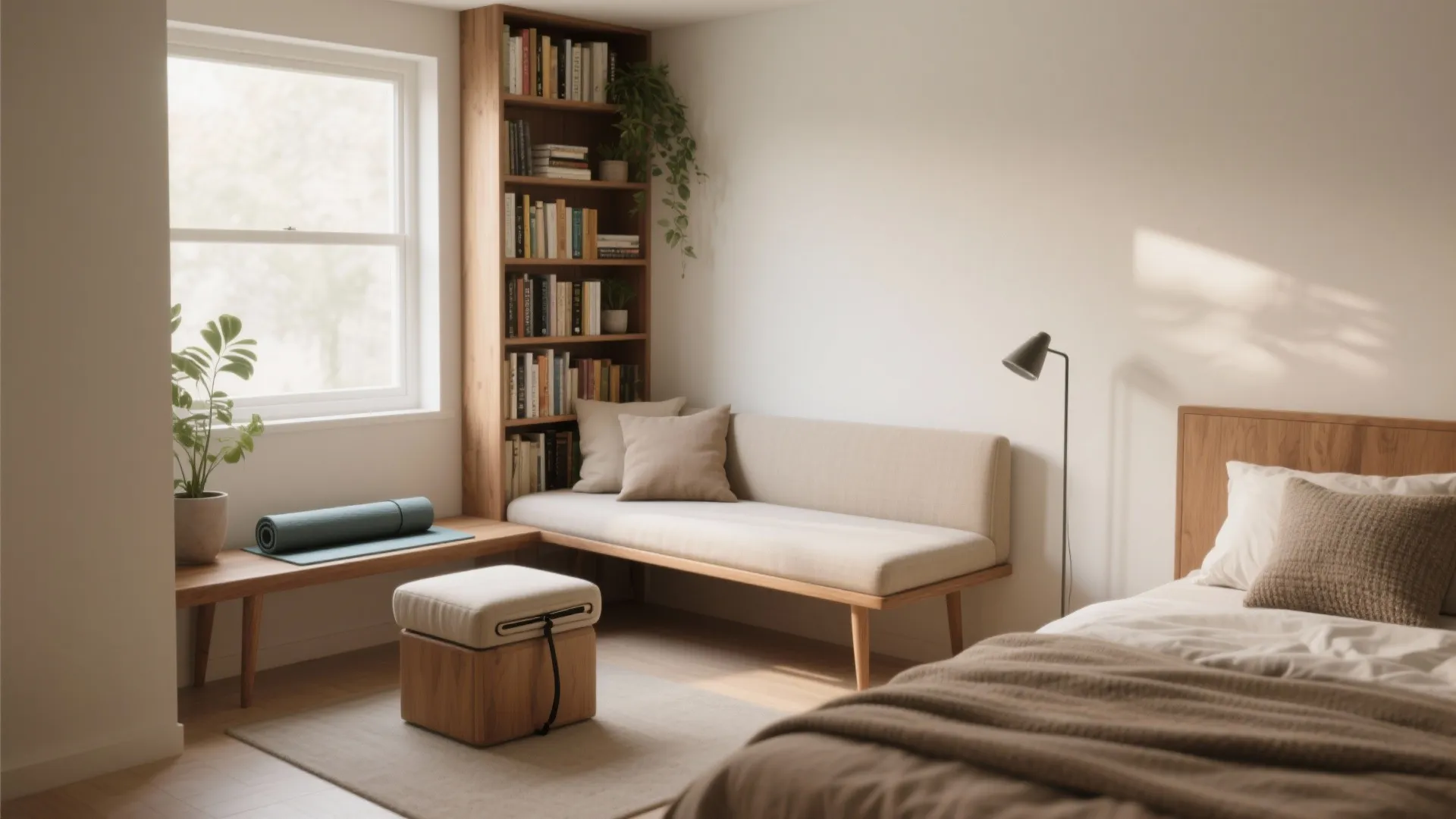 Small bedroom with a wooden bookshelf, beige sofa, footrest, yoga mat, and a large window