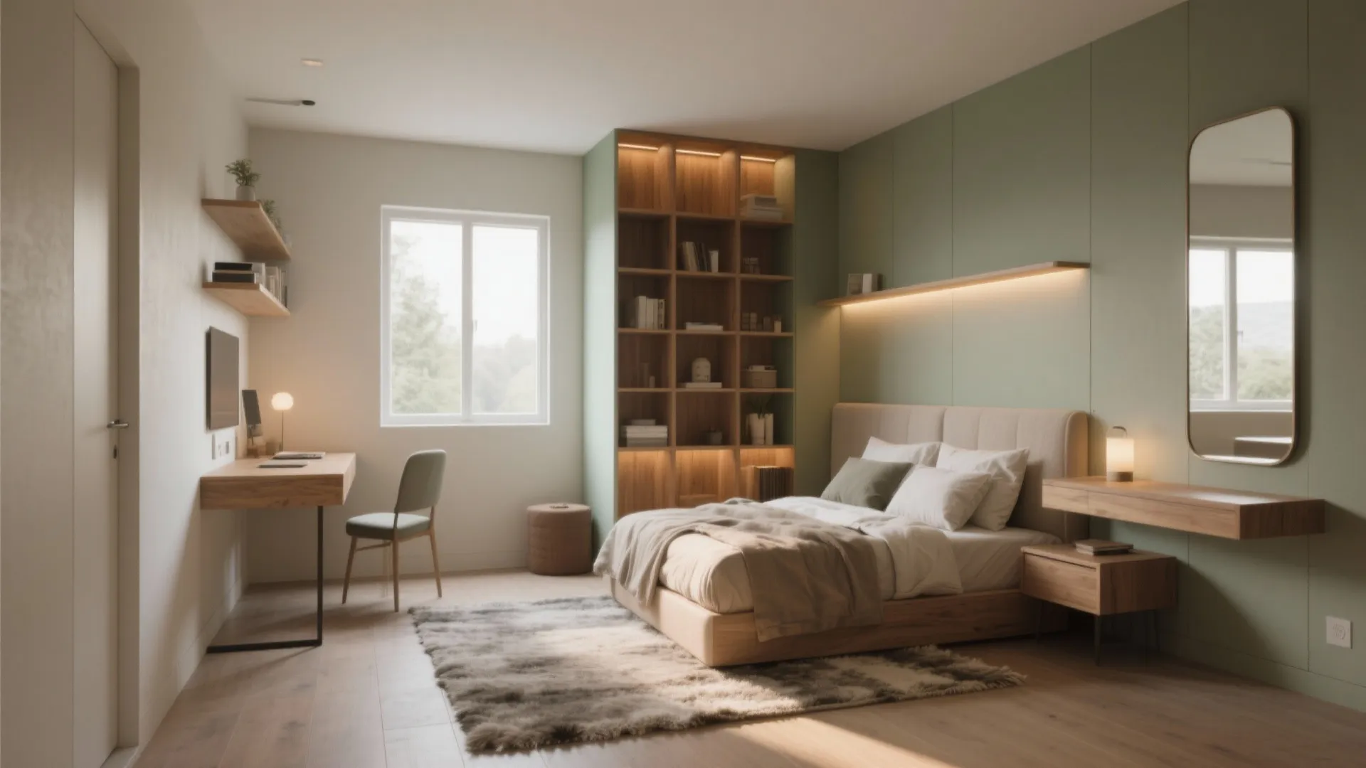 Modern small bedroom with green wall wood bookshelf study desk bed and large mirror design drawing
