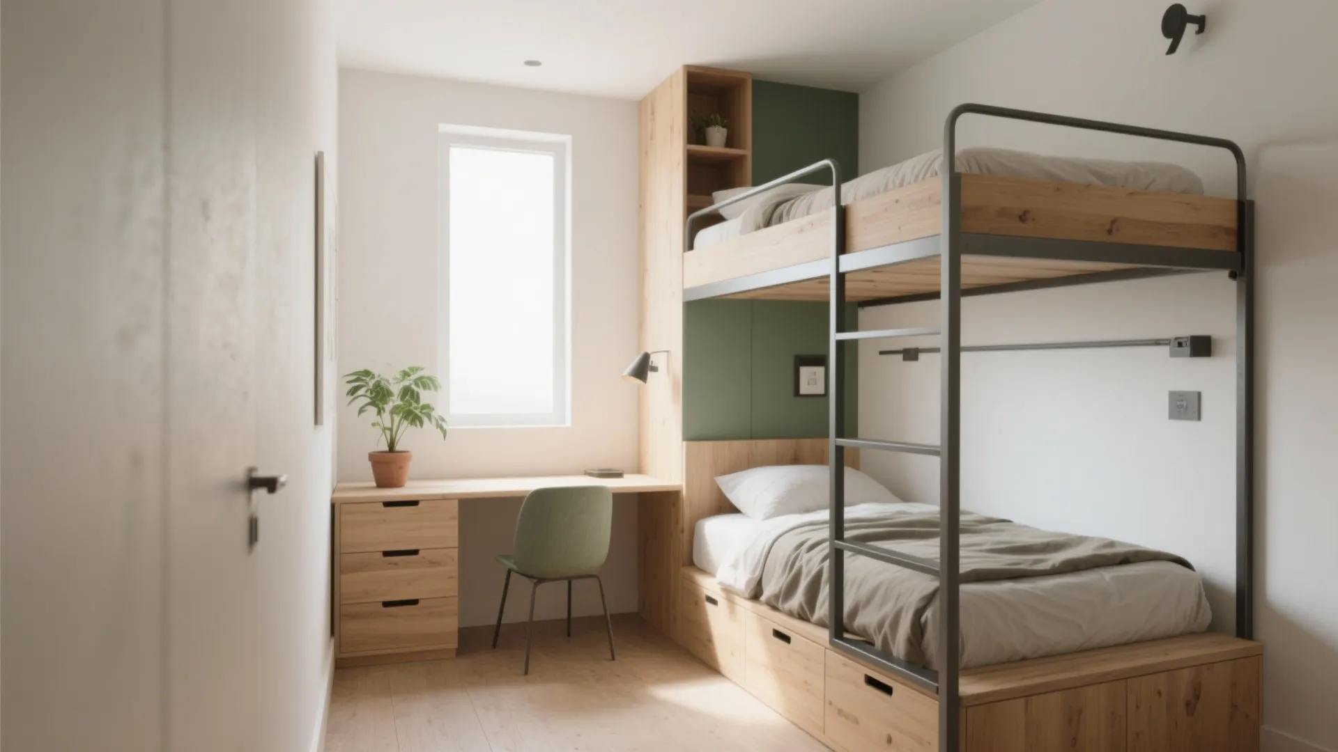 Small bedroom featuring wooden bunk bed with green wall panels beside a desk and chair